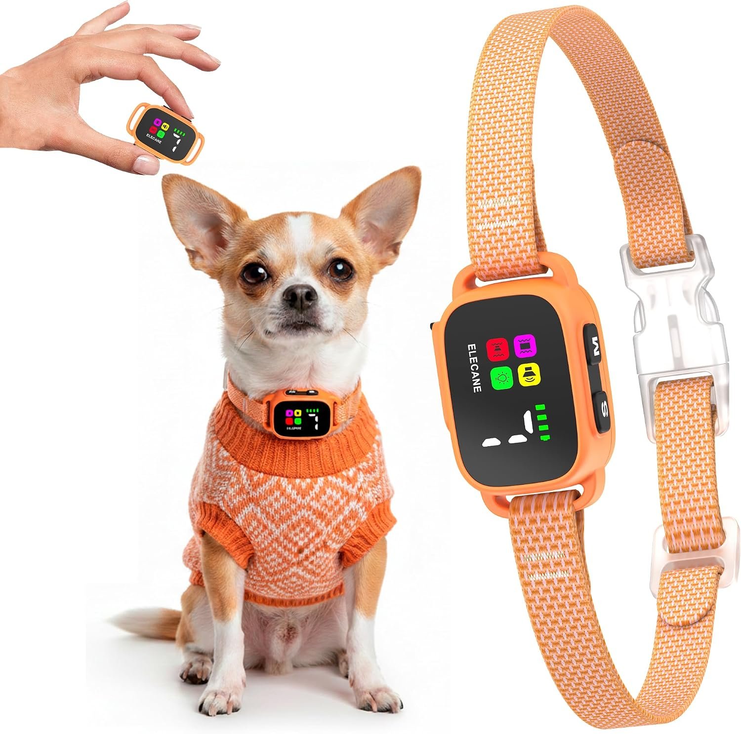 Tiny Bark Collar for Small Dogs 5-15 lbs and Puppies – No Shock Anti Barking Collar – Rechargeable Smart Collar for Dog Training with 7 Sensitivity Levels and 3 Beep&Vibration Modes (Pure Orange)