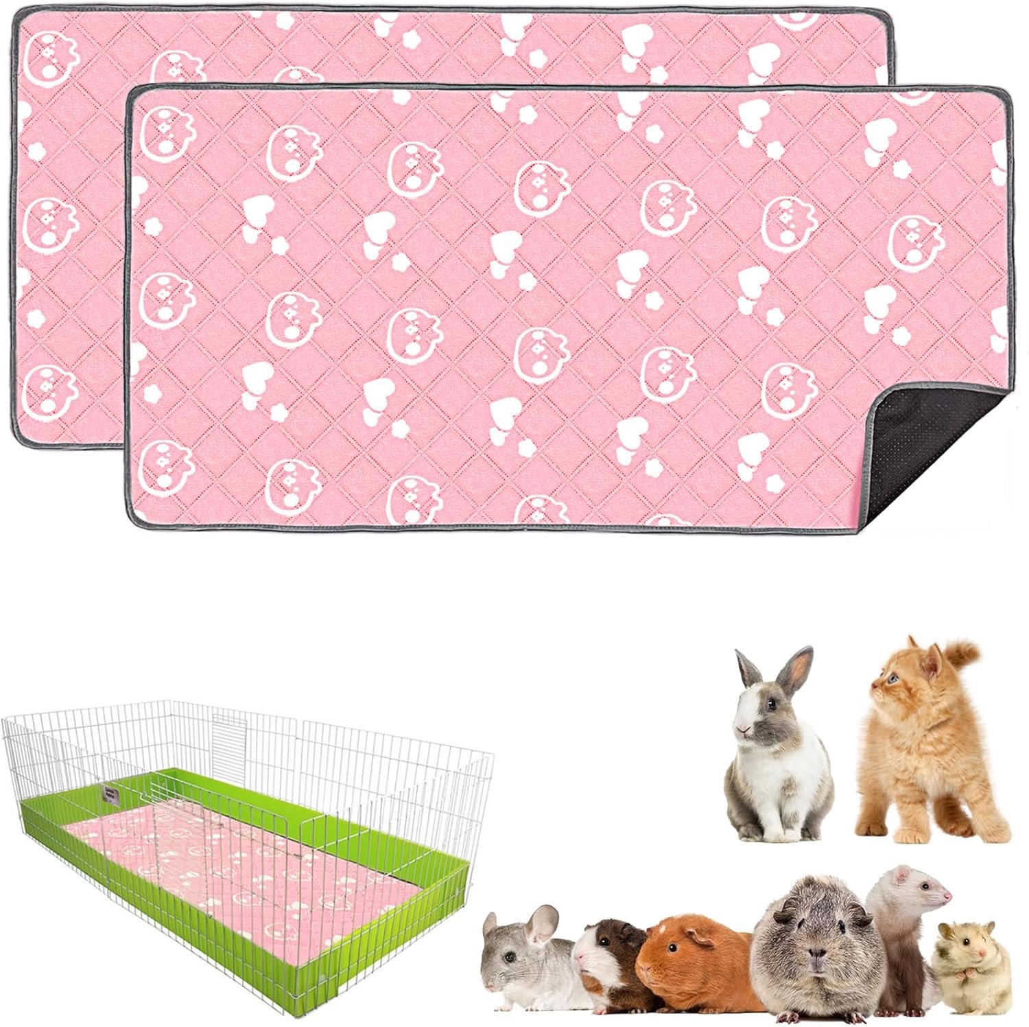 2 Pack Guinea Pig Bedding – Washable Guinea Pig Liner for Midwest Cage, Waterproof Reusable & Anti Slip Pee Pads Super Absorbent Mats for Small Animals Rabbit Hamster Rat (Pink, 48 x 24 Inch)
