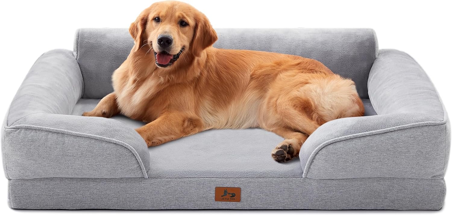 Orthopedic Dog Beds for Large Dogs, Waterproof XL Pet Couch Bed with Soft Sides, Washable Dog Sofa with Flannel Removable Cover, 42″ L Supportive Egg-Crate Foam Pet Sofa, Light Grey
