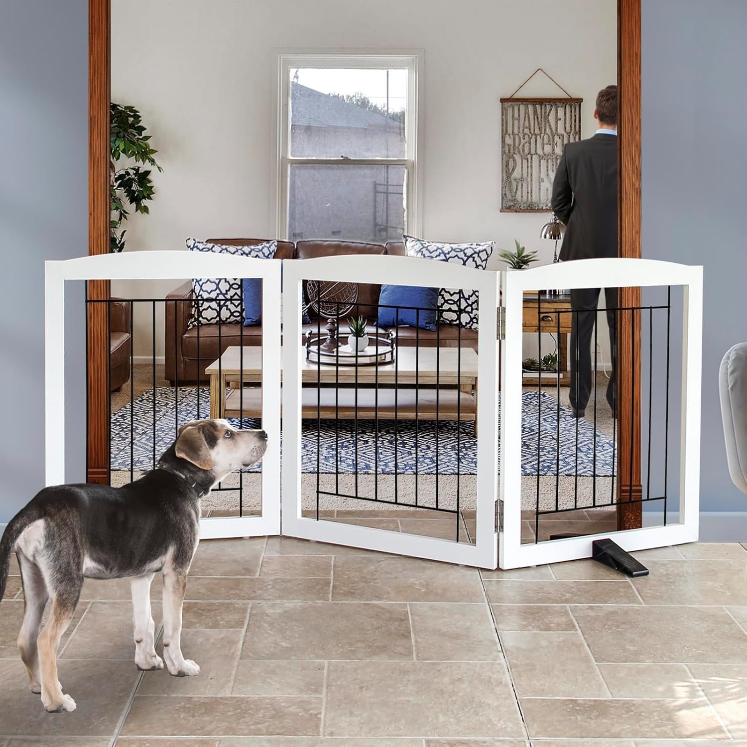 ZJSF Freestanding Dog Fence Indoor, Foldable Dog Gate for Doorways, Stairs or Hallways, Sturdy Wood Extra Wide Pet Gate with Support Feet for The House, White, 24 “Height-3 Panels