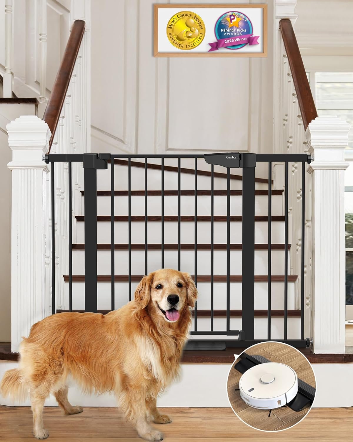 Cumbor 30-46″ Baby Gate for Stairs, Mom’s Choice Awards Winner-Auto Close Dog Gate for The House, Gifts for Mom, Easy Install Pressure Mounted Pet Gates for Doorways, Black