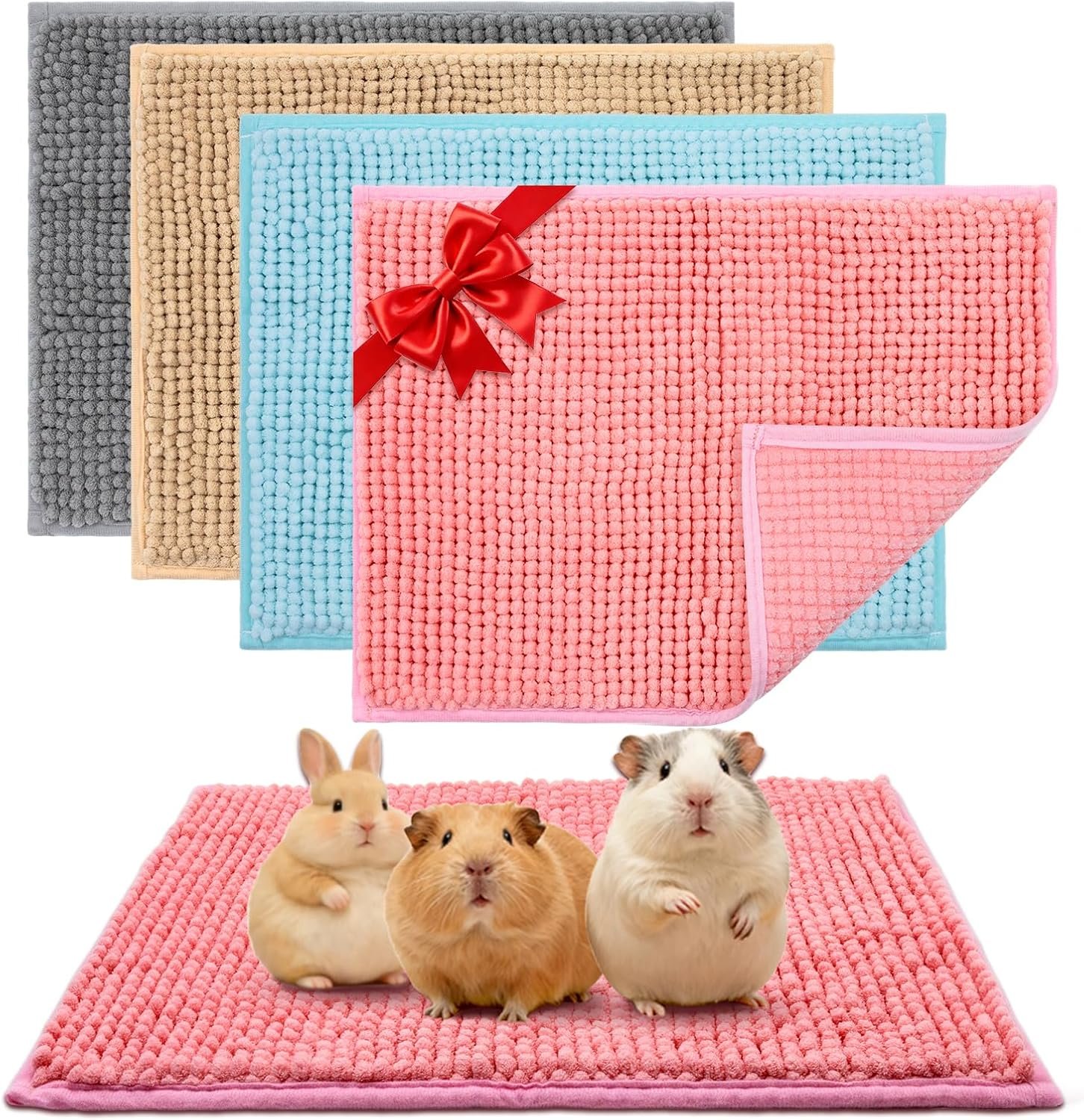 Guinea Pig Cage Liner, 4 PCS Washable Guinea Pig Bedding Fleece Mat, Reusable Pee Pads Mat for Small Animals, Reusable Bunny Rabbit Cage Liner Hamster Chinchilla Cage Accessories 16×12 Inch