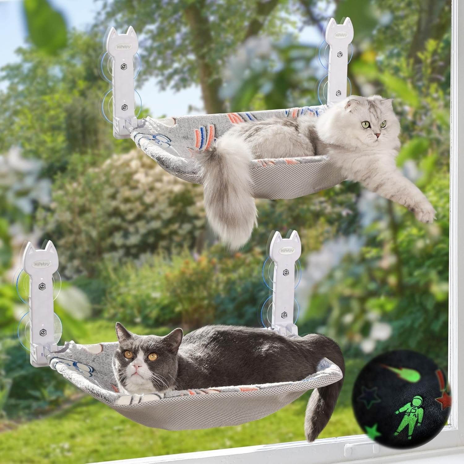 HiPetpy 2 Pack Cat Window Perch, Glow in The Dark Foldable Cat Hammock with Sunken Design & Removable Soft Cover, Breathable Cordless Window Bed for Resting Indoor Kitten (Shallow Perch, 2 Pack – M)