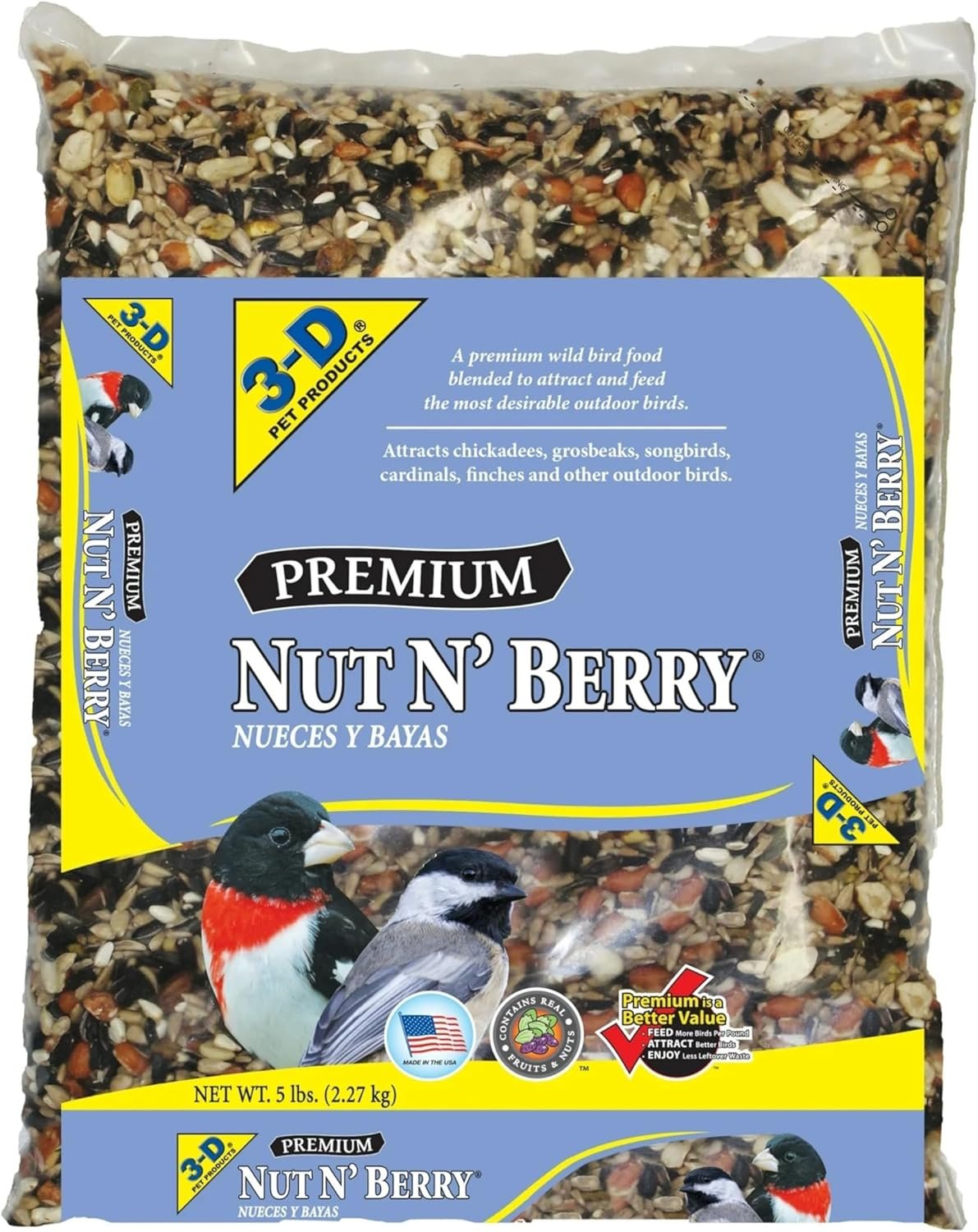 3-D Premium Nut N’ Berry Wild Bird Food – Real Fruits, Nuts & Sunflower – No Fillers – Fortified with Vitamins & Electrolytes – Attracts Songbirds, Woodpeckers, Cardinals & More