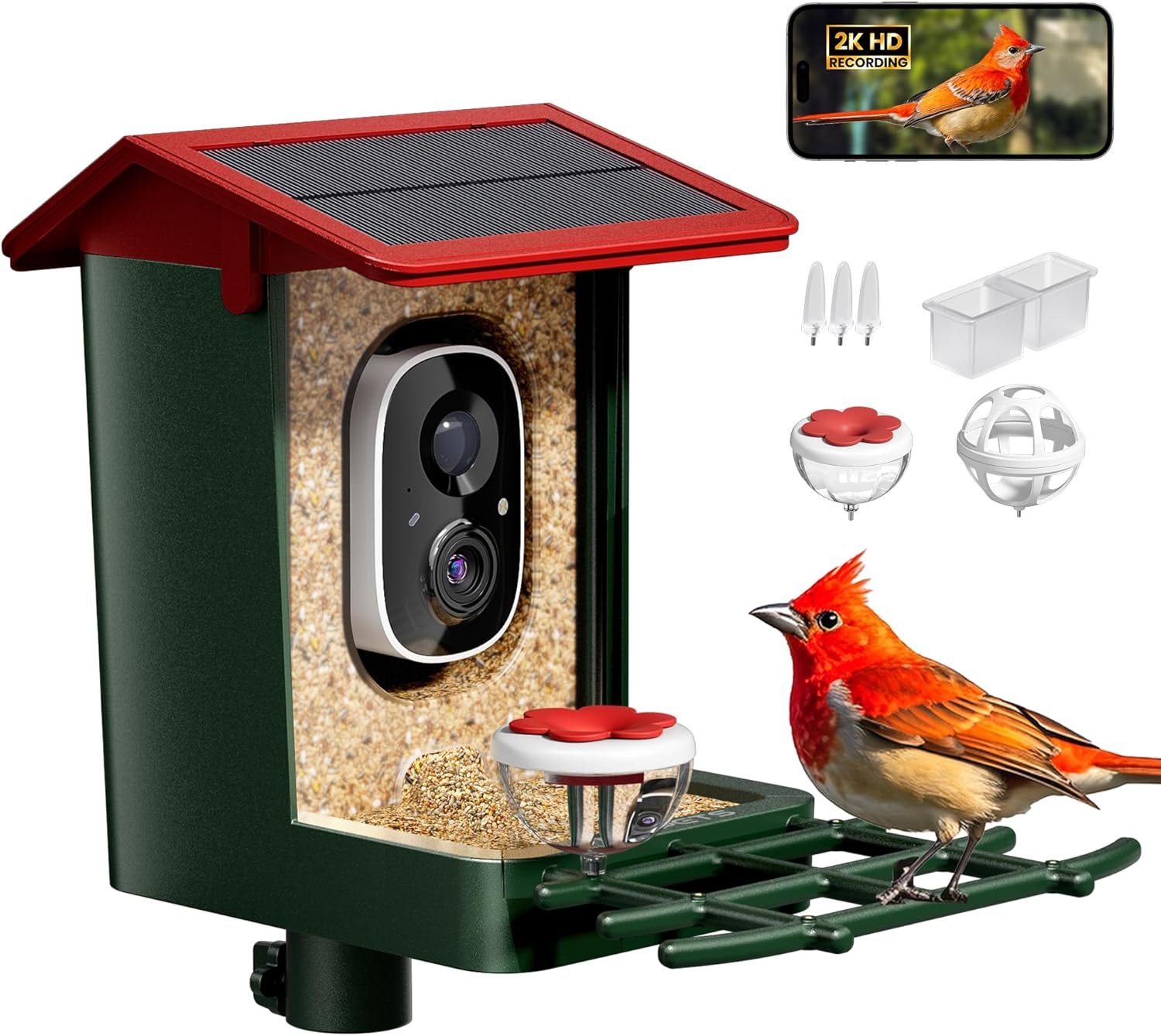 Smart Bird Feeder with Camera Solar Powered, 2K HD Video, AI Bird Species Identification, Instant Arrival Alerts, Weatherproof Design for Effortless Birdwatching, Gift for Fathers Day, Red