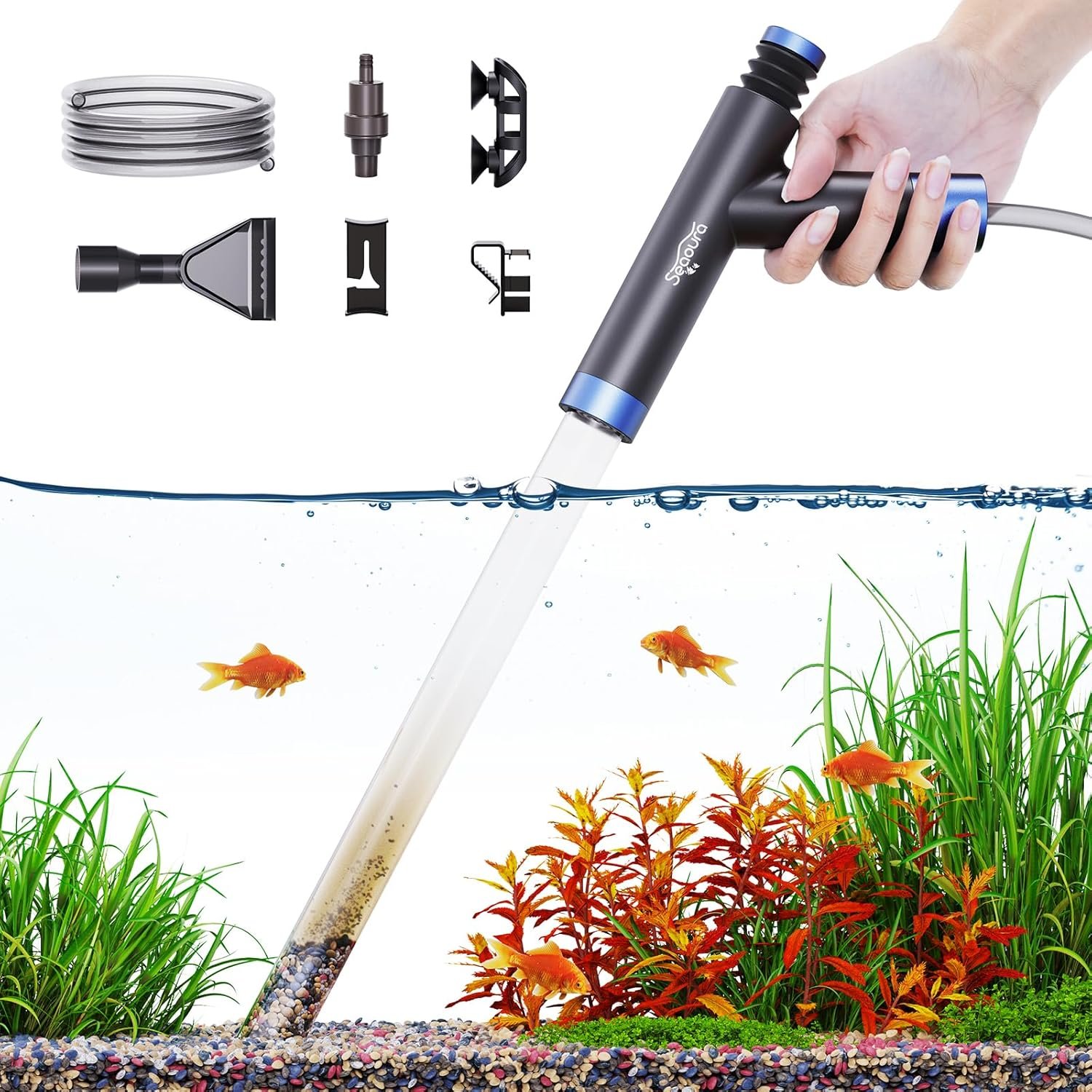 SEAOURA Aquarium Siphon Pump Gravel Cleaner, Fish Tank Vacuum Gravels Cleaning Kit, Manual Water Changer with Air Push Button, Aquariums Sand Clean Set, Hose for Suck Manure Wash Sand