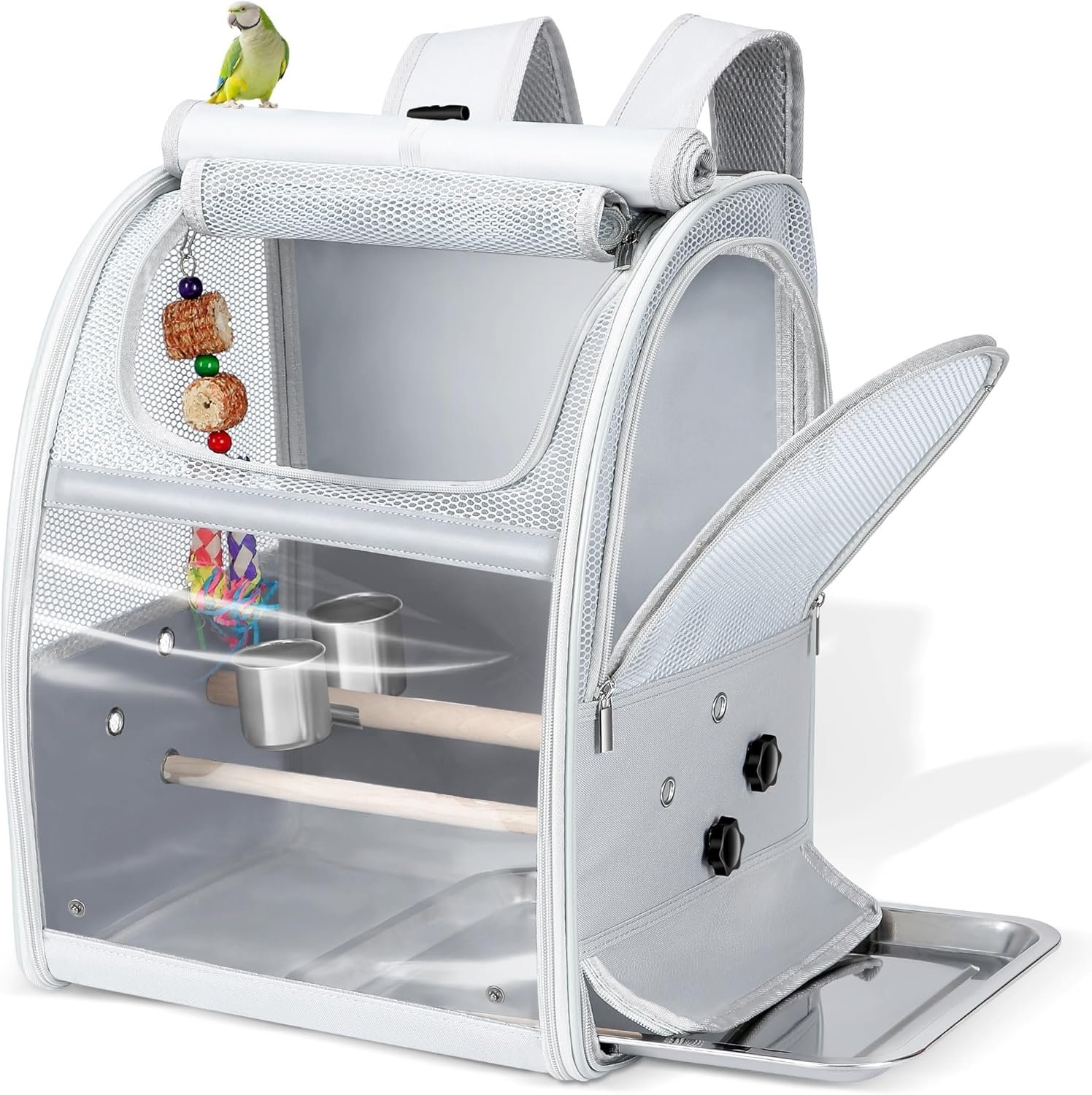 Sanmoncare Bird Carrier Backpack with 2 Adjustable Perches, Water-Repellent Parrot Travel Cage with Stainless Steel Tray, Breathable Pet Carrier for Cockatiels, Conures and Vet Visits