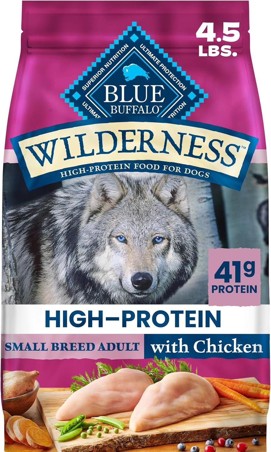 Blue Buffalo Wilderness Chicken Small Breed Adult Dry Dog Food with Wholesome Grains + Antioxidant-Rich Fruits & Veggies, 41g Protein, Supports High Energy Needs, Natural Ingredients, 4.5 lbs.