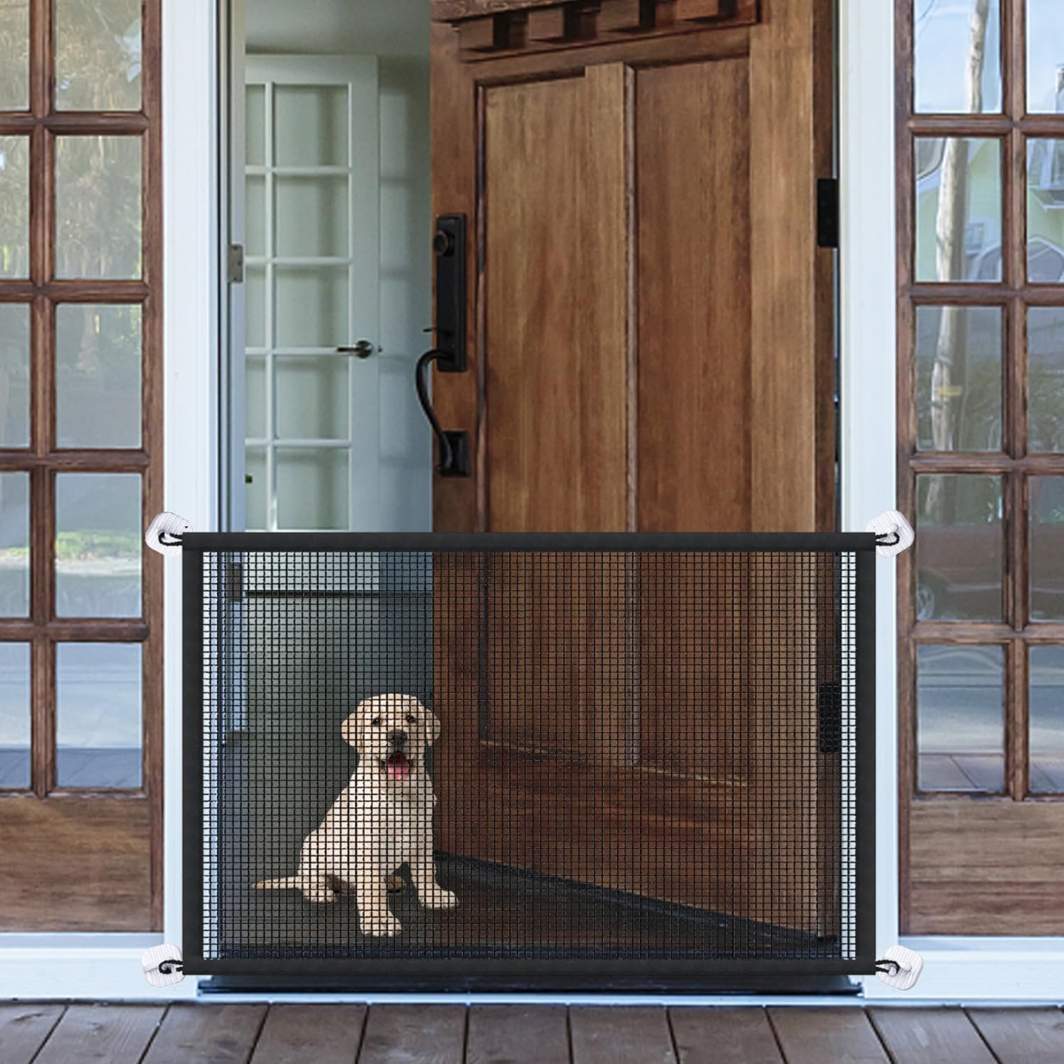Mesh Dog Gates for Pets, Magic Pet Gate for The House, Portable Puppy Safety Fence Guard for Stairs and Doorways, Easy Install Anywhere, 50″ W x 30″ H, 8 Hooks