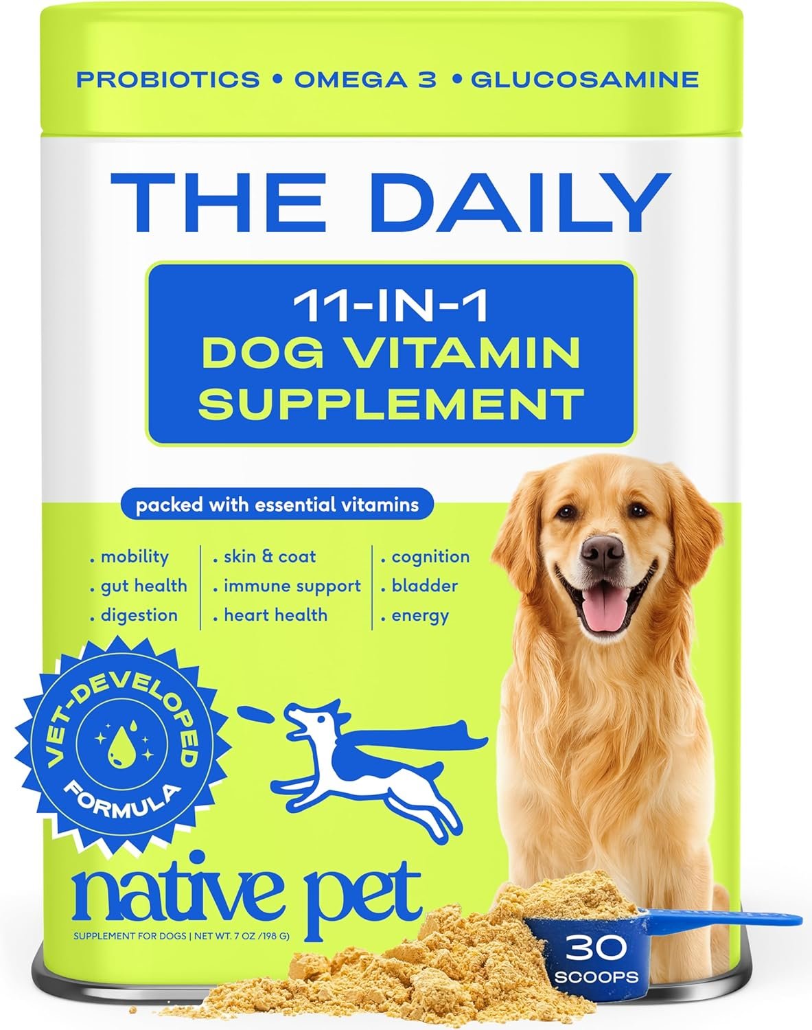 Native Pet The Daily Dog Vitamins & Supplements – 11-in-1 Multivitamin Powder for Dogs – Supports Whole Body Health, Digestion, Mobility & Immunity with Collagen, Glucosamine & Probiotics – 30 Scoops