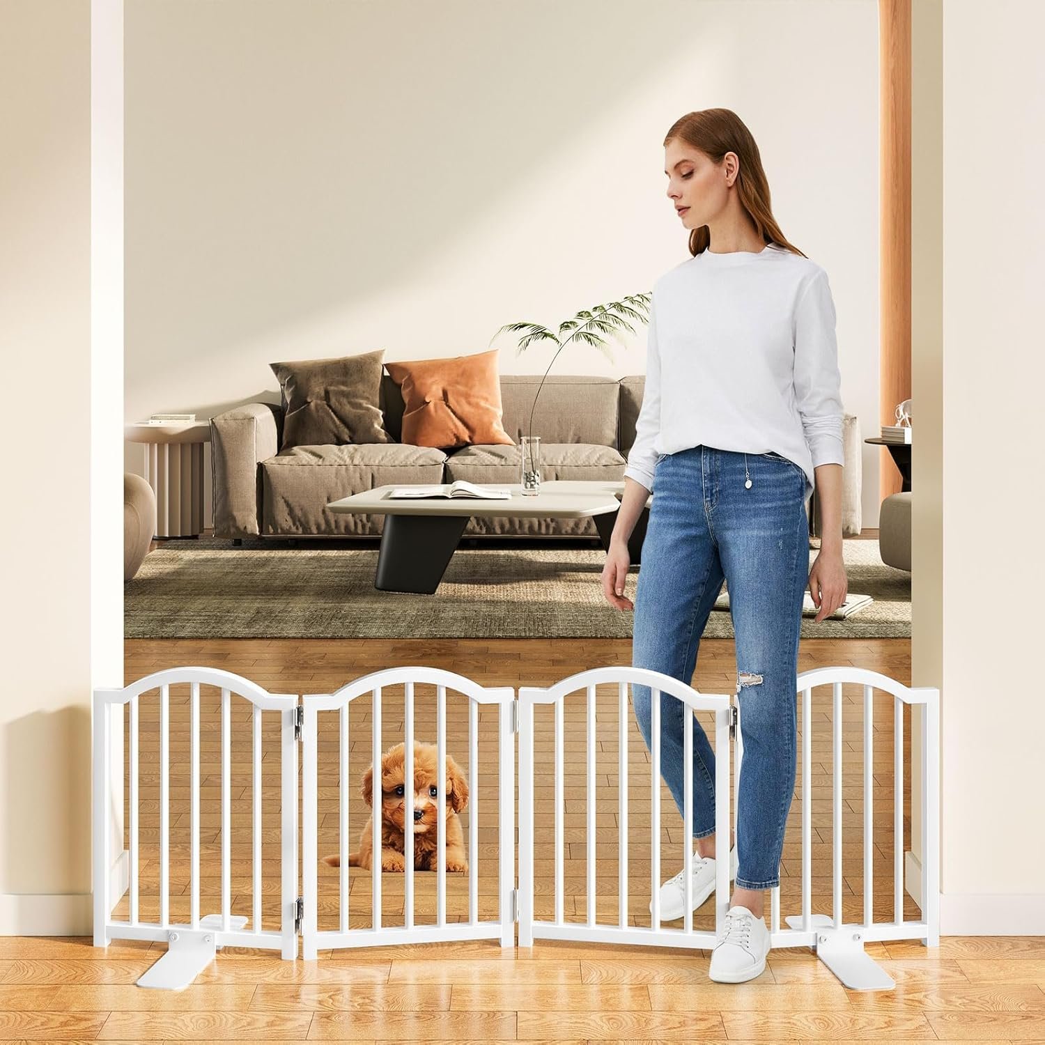 Snughome 2 Pack Short Dog Gate Indoor, 16″ High Freestanding Small Dog Gates with Support Feet, Expand Up to 48’’Wide Foldable Pet Gate for Doorway, 8 Panel Pet Door Pet Fence for Puppy, White