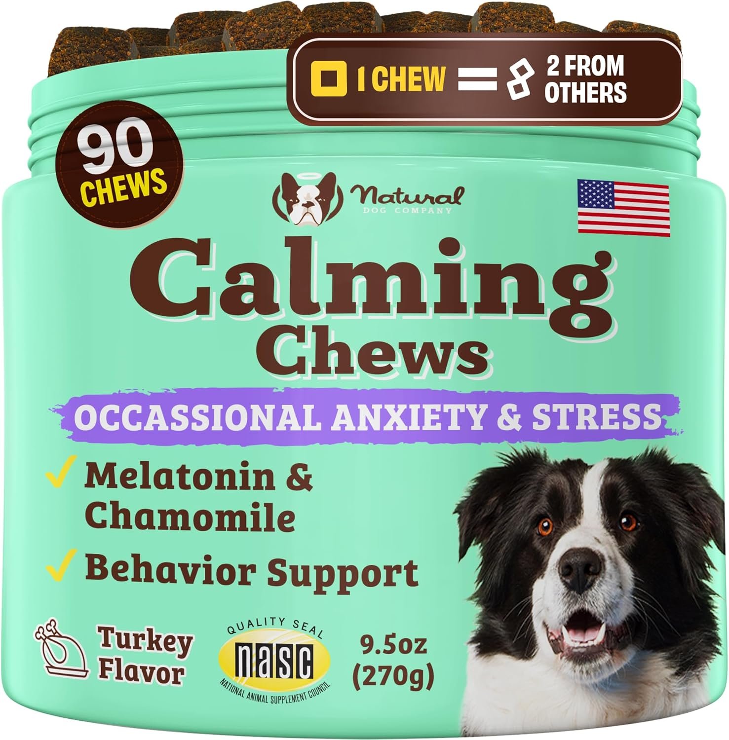 Natural Dog Company Calming Chews for Dogs, Stress & Anxiety Relief Supplement 90 cnt with Chamomile, Valerian Root & Melatonin, Natural Soothing Chews for Travel, Thunder, Fireworks & Separation