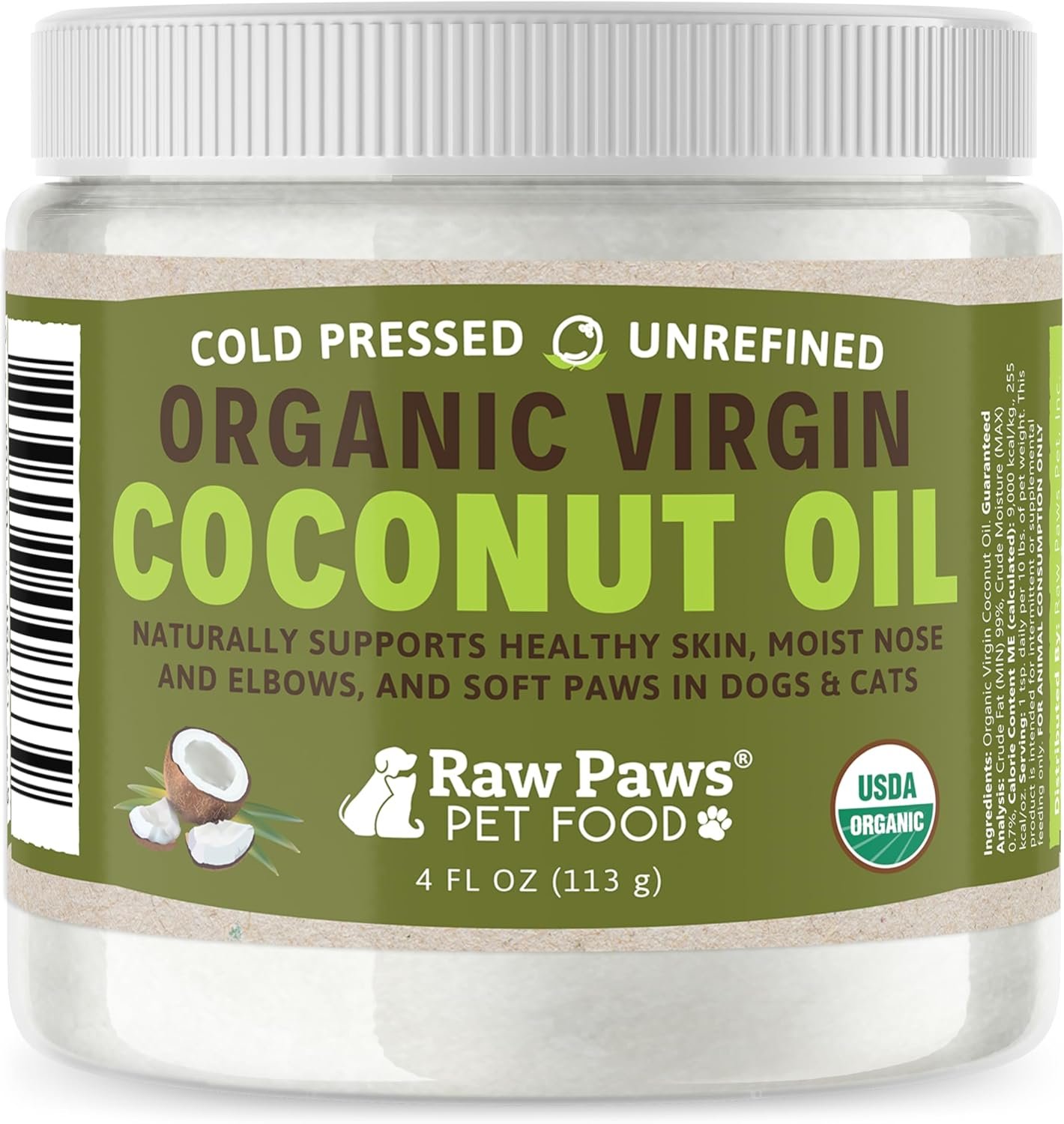 Raw Paws Virgin Organic Coconut Oil for Dogs & Cats (4-oz) – Skin & Coat | Dry Nose & Paw Balm – Itchy Skin Support – Hot Spot Care – Cat Hairball Support – Edible Pet Supplement