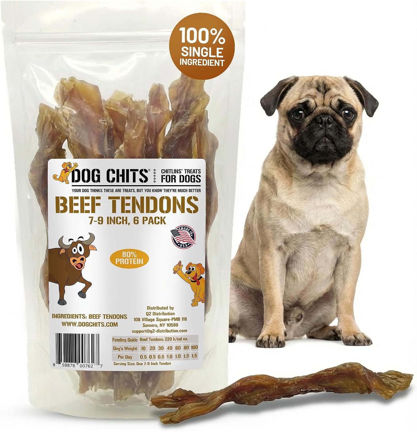 Dog Chits Beef Tendons for Dogs & Puppies – High Protein, Low Fat – All Natural Beef Tendon Chew – Chewy, Digestible, Long Lasting Training Reward Treats – Great for Healthy Joints – 7-9 inch, 6 pk