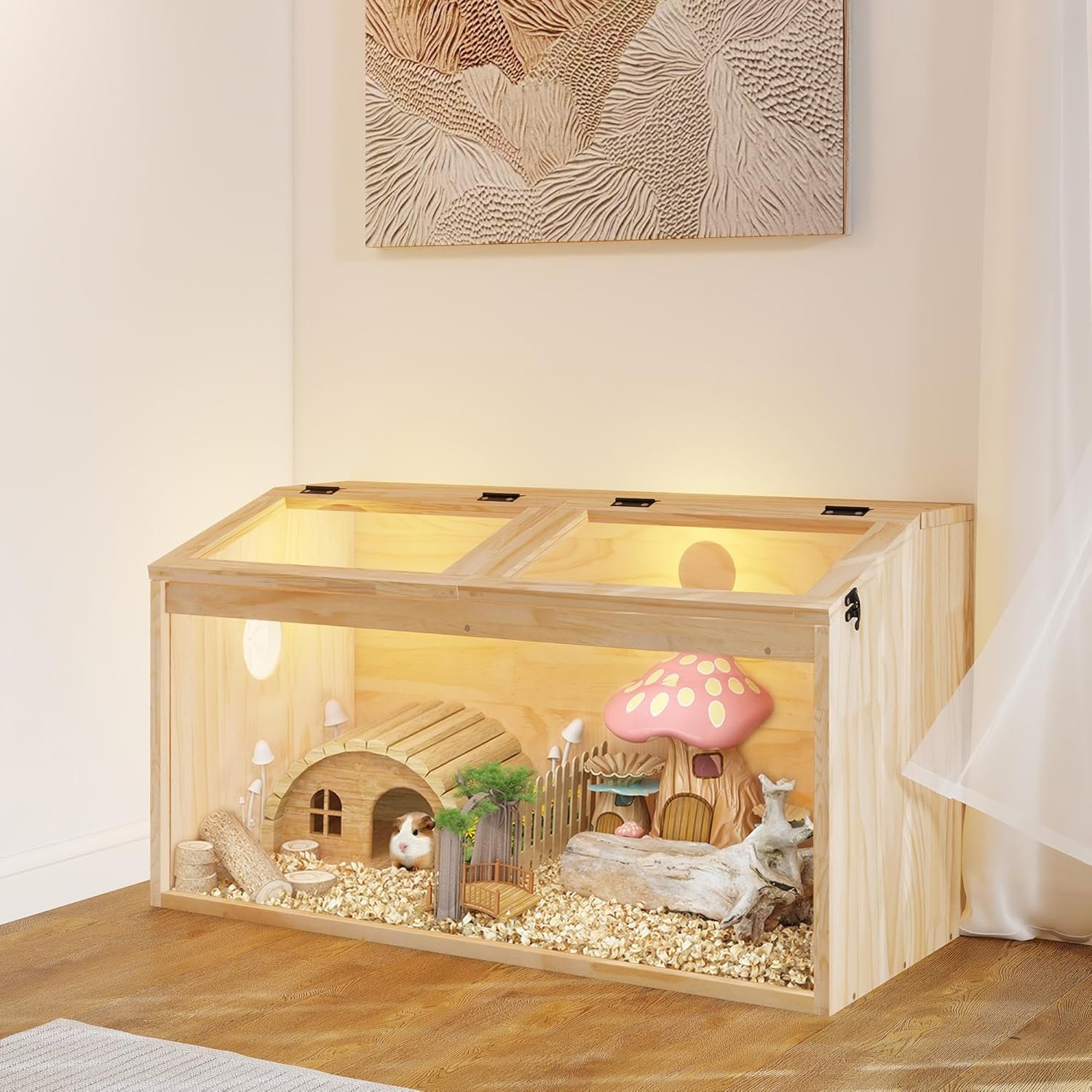 COZIWOW Wooden Hamster Cage Chewproof, Large Hamster Habitats Enclosure with Acrylic Window & Openable Top, (32″ L x 16″ W x 16″ H) Small Animal Cage for Guinea Pig, Chinchilla, Gerbil