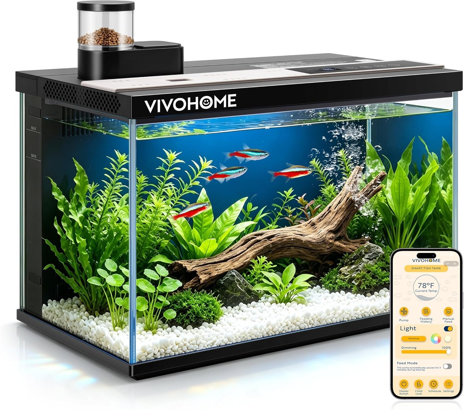 5 Gallon Smart Fish Tank with APP Control, Aquarium Starter Kit with Auto Feeder, Temperature Display, RGB LED Light, Self Cleaning Betta Fish Tank for Desktop