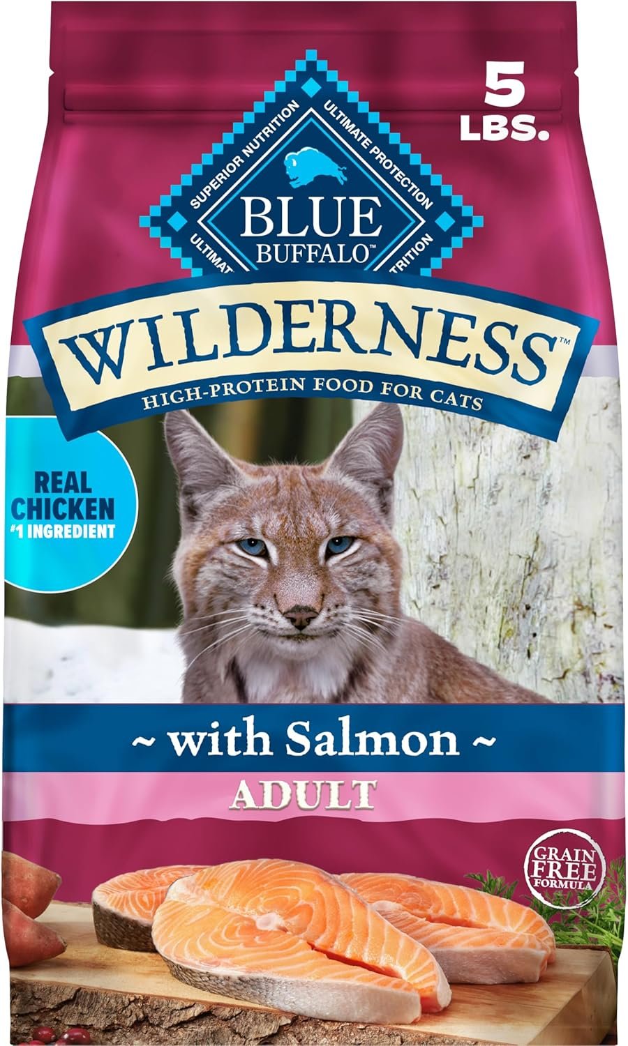 Blue Buffalo Wilderness with Salmon Natural High-Protein Grain-Free Dry Food for Adult Cats, Real Salmon First, Antioxidant-Rich LifeSource Bits Support Immunity, Promotes Strong Muscles, 5 lbs.