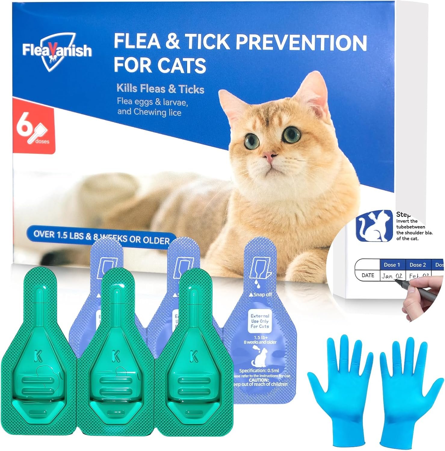 Cat Flea and Tick Drops – 6 Month Supply | Fast-Acting & Long-Lasting & Waterproof | Easy Snap-Off Tubes | Include 6 Nitrile Gloves & Tracker Calendar | for Cats Kittens 1.5 lbs+ & 8 Weeks+