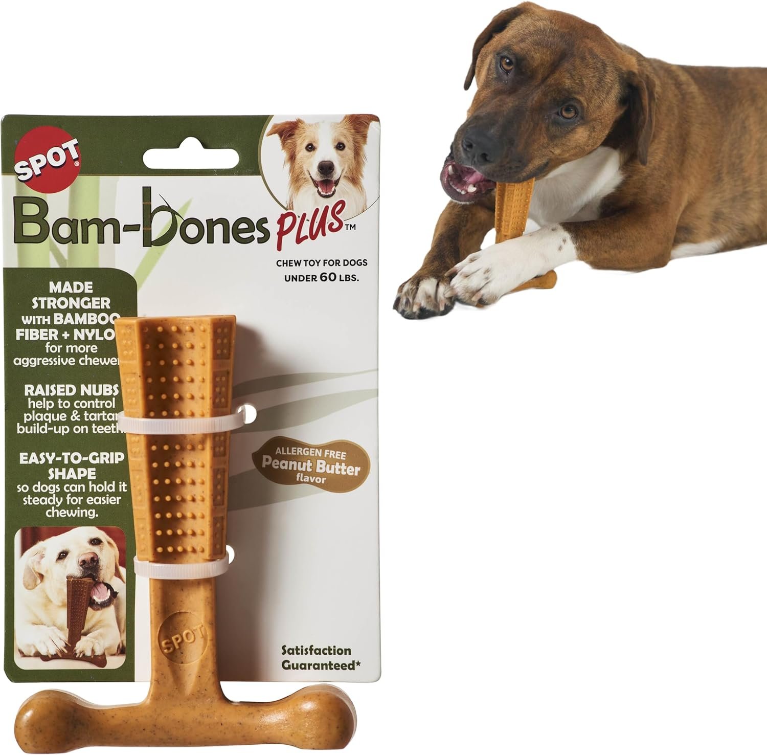 SPOT Bam-Bones Plus T Bone – Bamboo Fiber & Nylon, Durable Long Lasting Dog Chew for Aggressive Chewers – Toy for Dogs & Puppies Under 60lbs, Non-Splintering, 6in, Allergen Free Peanut Butter Flavor
