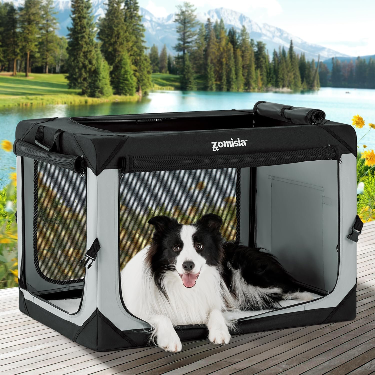 ZOMISIA 36 Inch Collapsible Dog Crate for Large Dogs – Portable Dog Travel Crate Soft Sided with Breathable Mesh Windows, Foldable Dog Kennel for Indoor and Outdoor, Grey