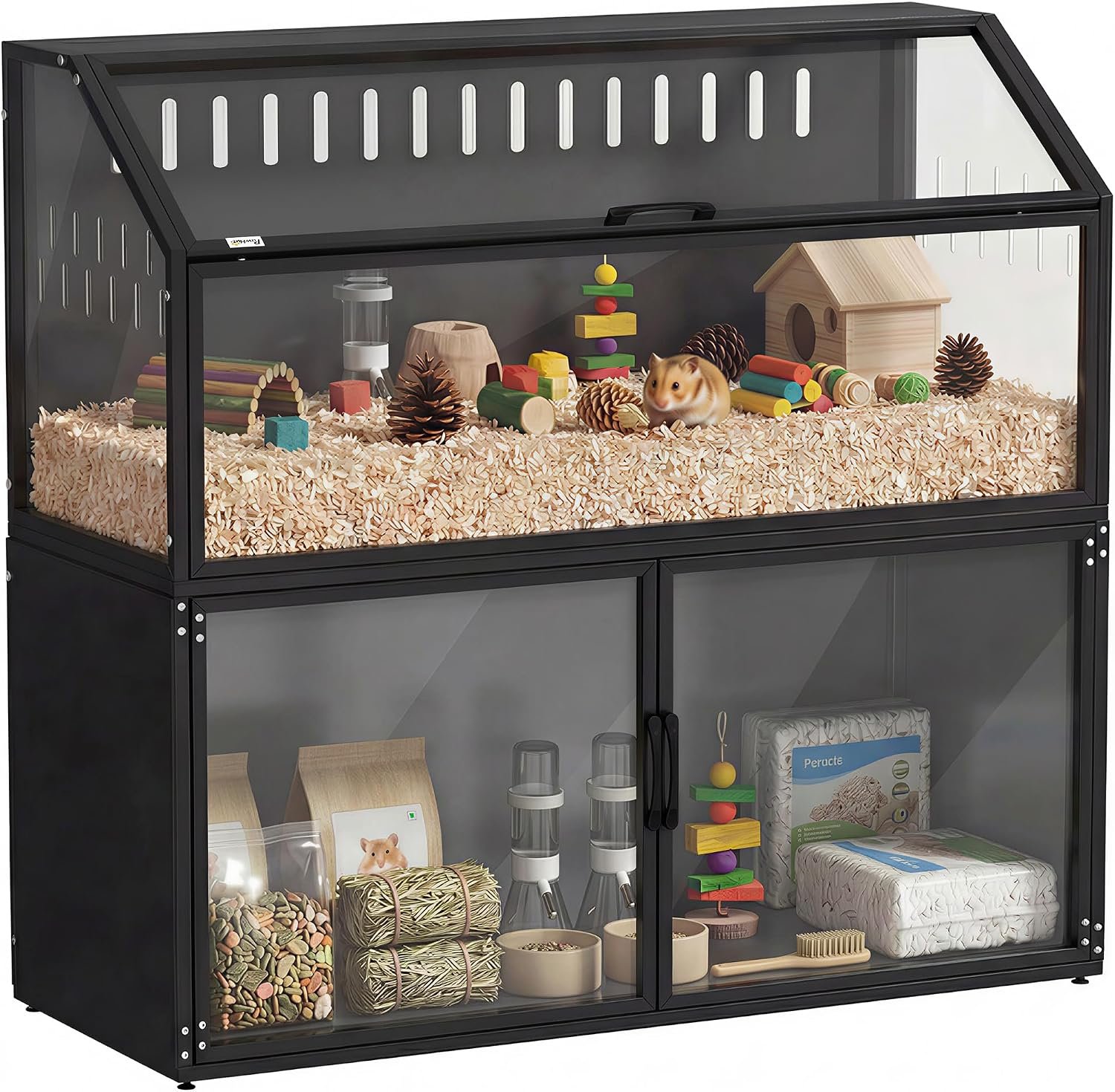 PawHut Hamster Cage with Storage Cabinet, Small Animal Cage with Easy-View Acrylic Panels and Openable Top, Large Guinea Pig Habitat for Rat, Hedgehog, Gerbil, 41″ x 16″ x 40″ H, Black