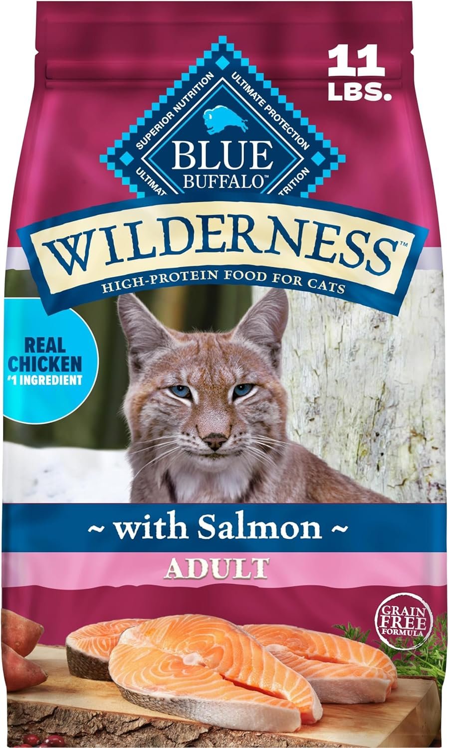 Blue Buffalo Wilderness with Salmon Natural High-Protein Grain-Free Dry Food for Adult Cats, Real Salmon First, Antioxidant-Rich LifeSource Bits Support Immunity, Promotes Strong Muscles,11 lbs.