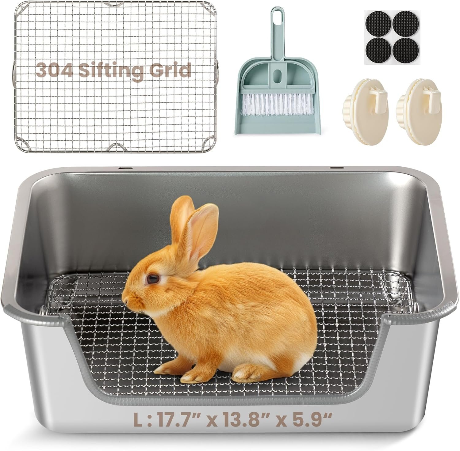 Rabbit Litter Box, Extra Large Bunny Litter Box with 304 Stainless Steel Sifting Tray & Hooks, Rabbit Litter Box, Easy to Clean and Odor Control (17.7″ × 13.8″ × 5.9″)