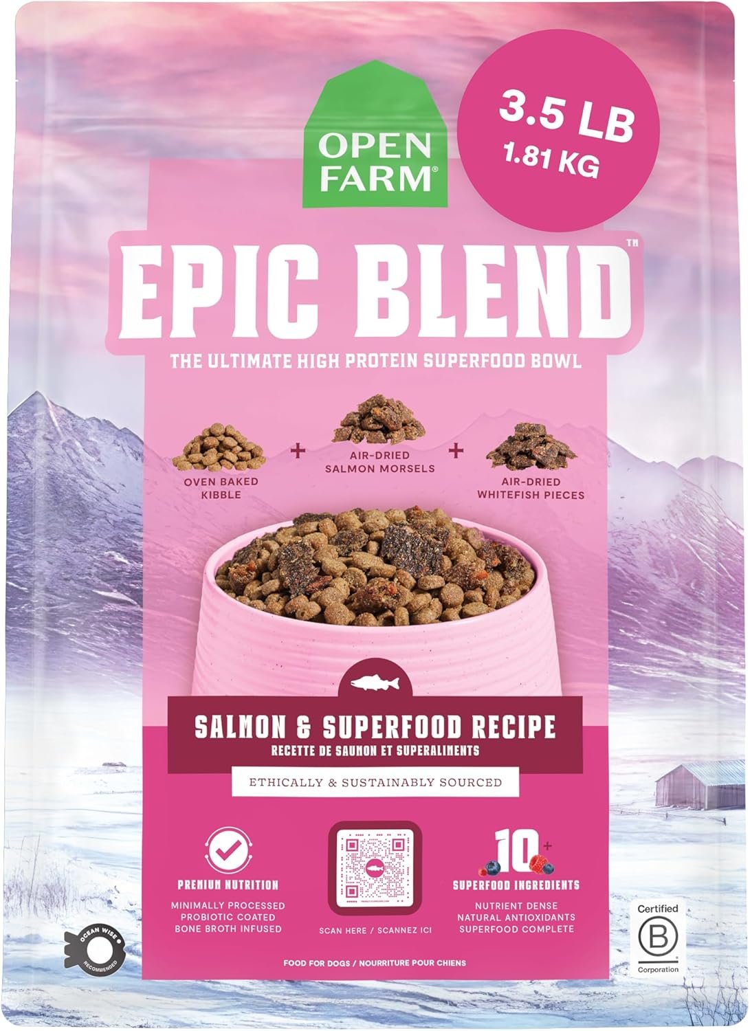 Open Farm, Epic Blend High Protein Dry Dog Food, Probiotic Coated & Bone Broth Infused Kibble with Air Dried Meat & Organs, Minimally Processed & Nutrient Dense, Salmon & Superfood Recipe, 3.5lb Bag