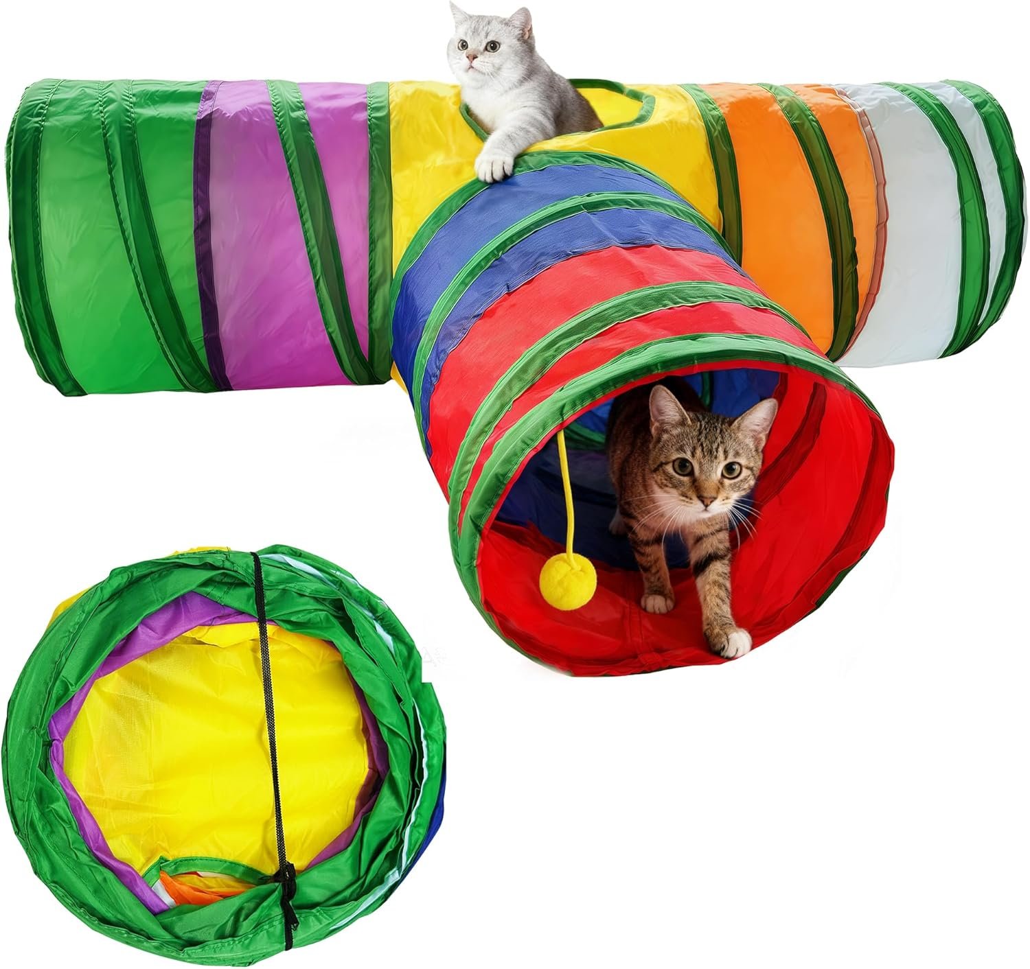 Cat Tunnel,Cat Tunnels for Indoor Cats Interactive, Pet Tunnel Toys for Cats Kitten Rabbits,3 Way Collapsible,Rainbow L 32″ T Shape