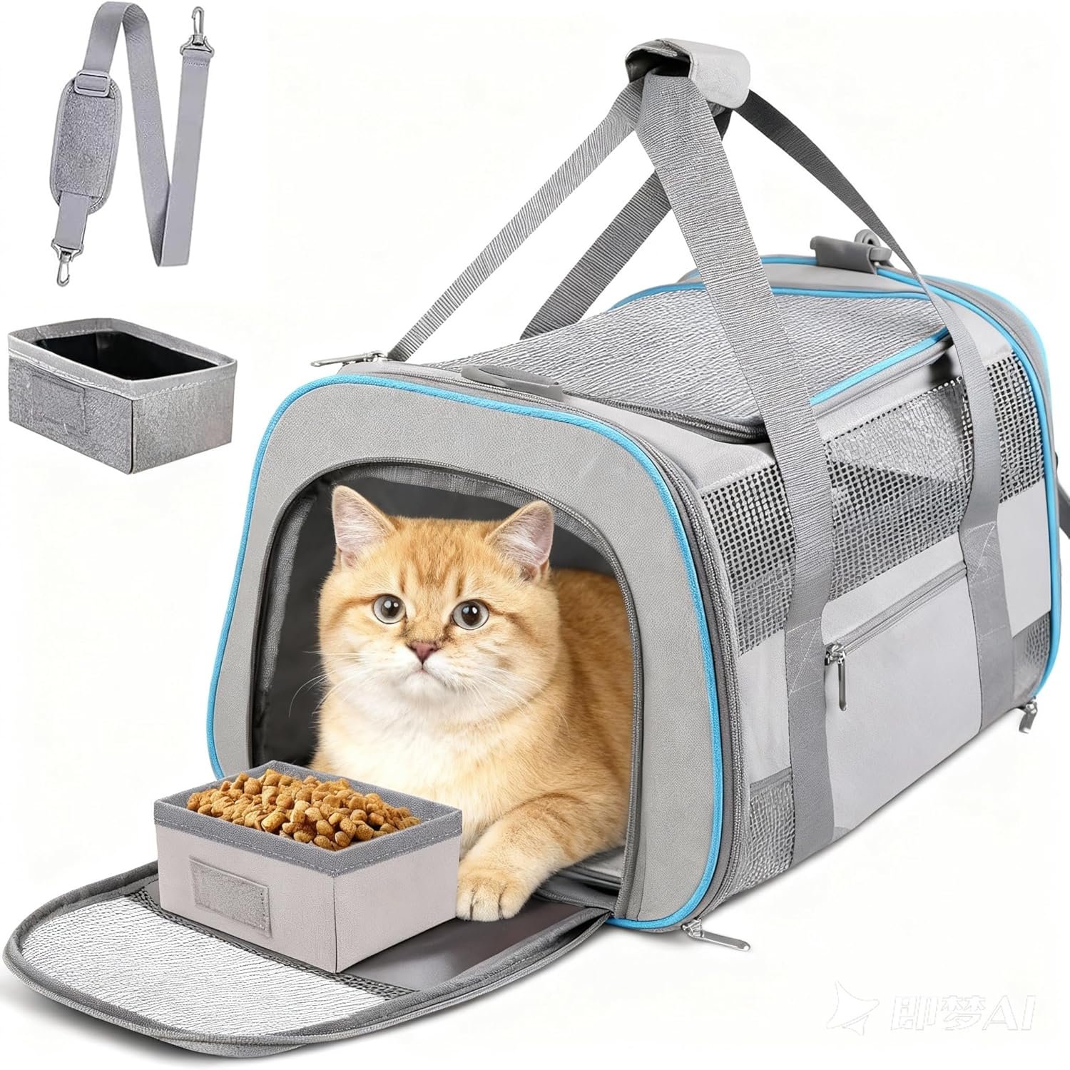 Soft-Sided Cat Carrier for Pets Up to 15lbs, Airline Approved Under-Seat Travel Carrier, 17x12x11 Inch, TSA Approved with Collapsible Bowl, Breathable Mesh & Removable Pad, Lightgrey