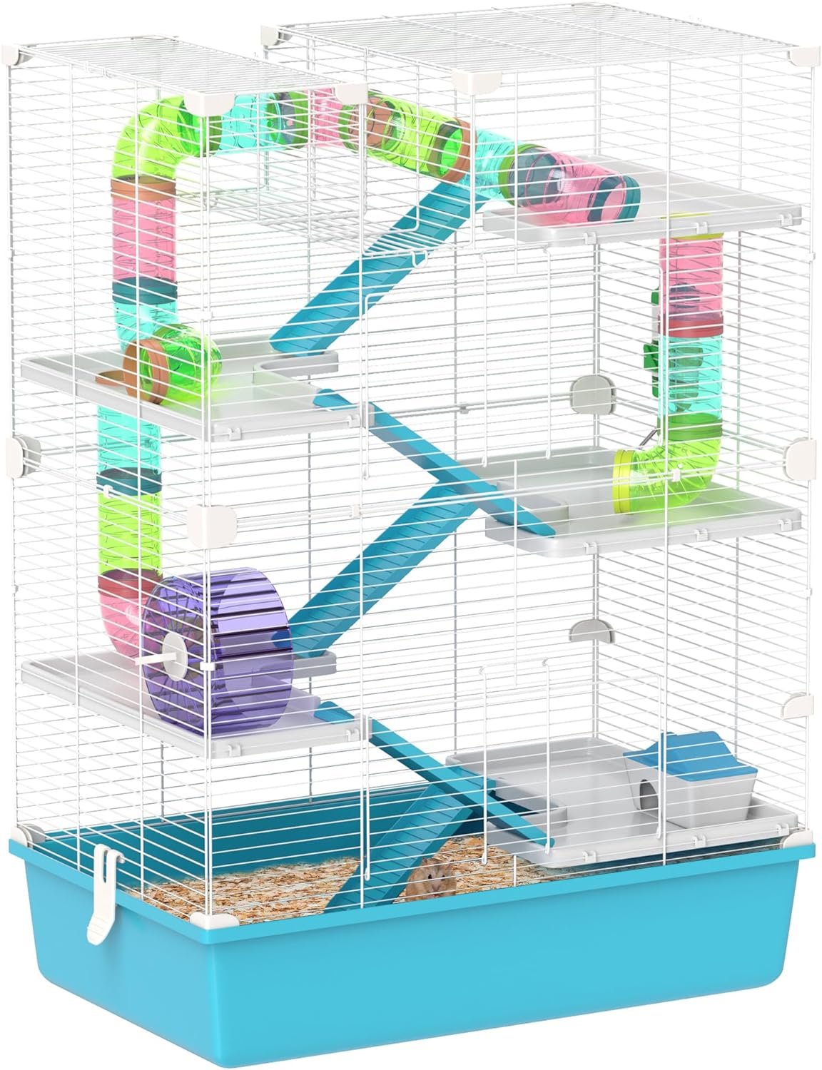 PawHut Hamster Cage, 6 Tier Small Animal Cage with Tubes and Tunnels, 32″ DIY Design Large Hamster Cage with Hut, Wheel, Food Dish, Water Bottle, Ramps, for Dwarf & Gerbil, Light Blue