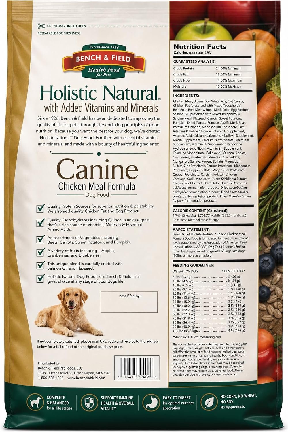 Bench & Field Holistic Premium Dry Dog Food, Chicken Meal & Brown Rice Recipe, Made Without Corn, Wheat, or Soy, All Life Stages, 6.6 lb Bag (Pack of 1)