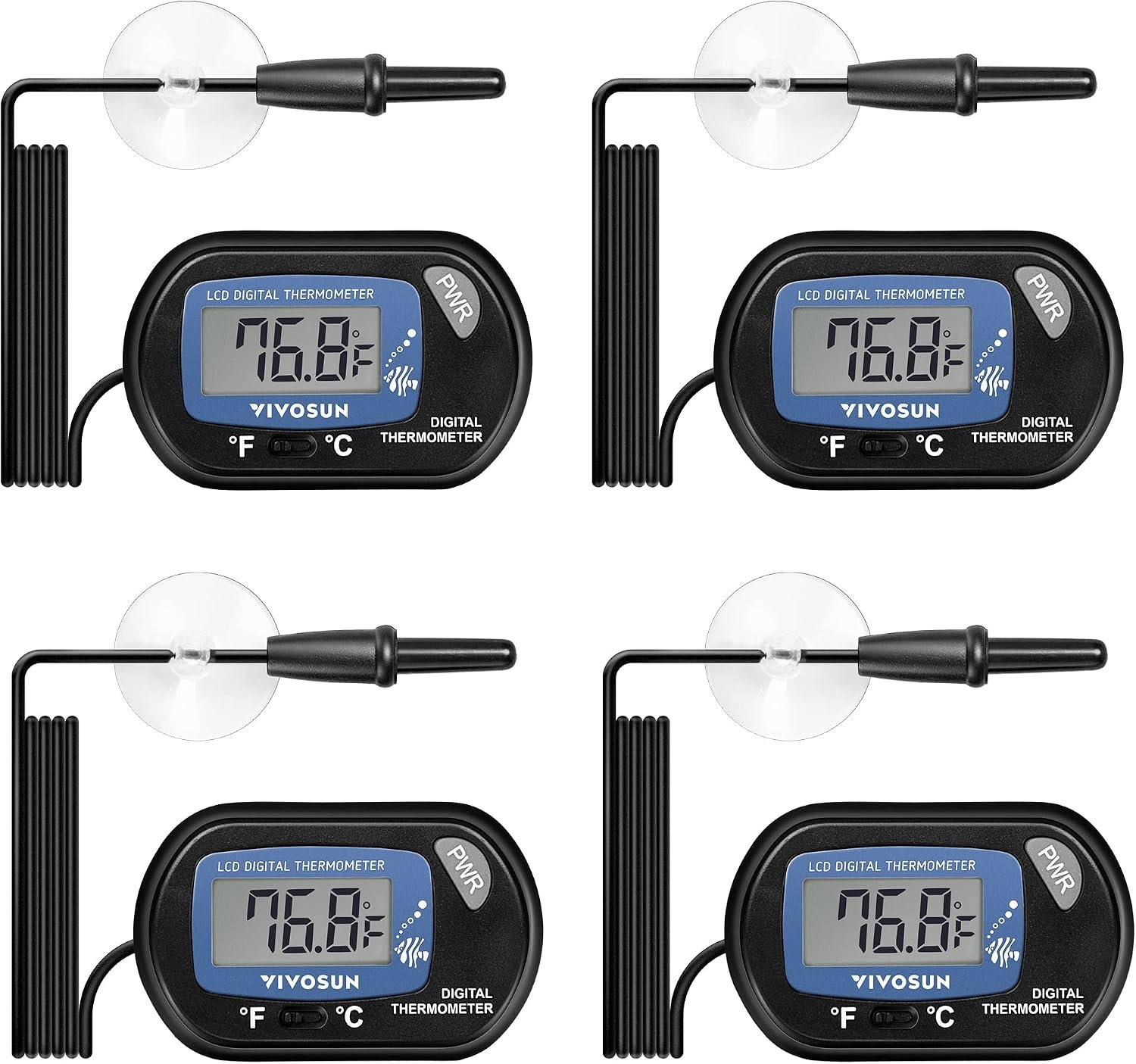 VIVOSUN 4-Pack LCD Digital Aquarium Thermometer Fish Tank Water Terrarium Temperature with Suction Cup for Turtle