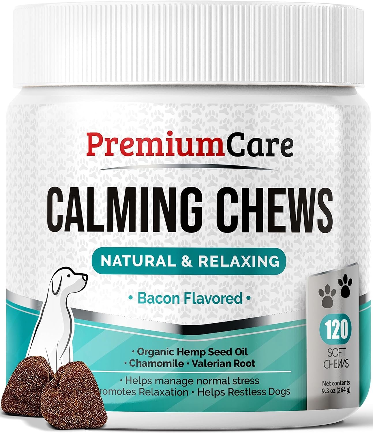 PREMIUM CARE Calming Chews for Dogs, Made in USA – Helps with Dog Anxiety, Separation, Barking, Stress Relief, Thunderstorms and More, 9.3 oz (264g), 120 Count