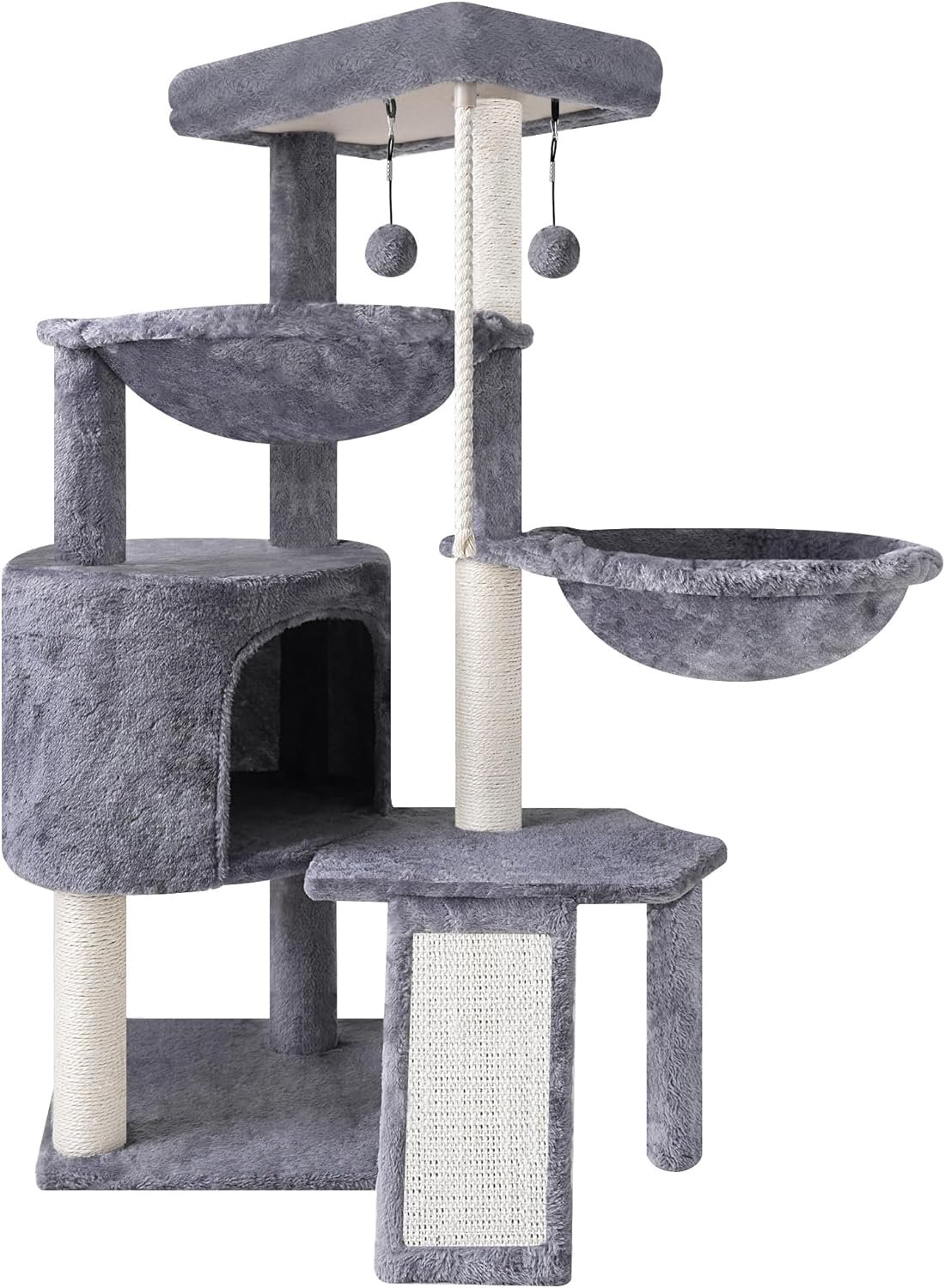 3-Tier Cat Tree with 2 Hammocks & Condo, Grey | Multi-Level Indoor Cat Tower with Natural Sisal Scratching Posts, Rope Ladder, Replaceable Hanging Balls | Sturdy Cat Furniture for Kittens & Adult Cats