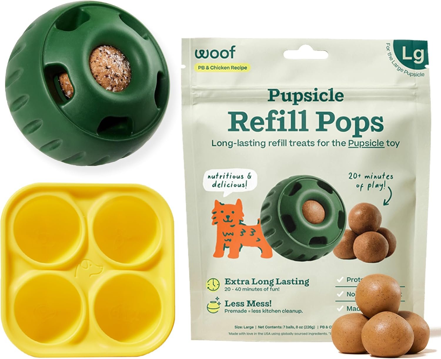 WOOF Starter Pack – Interactive Dog Ball Toy for Boredom – Dog Treat Molds Silicone – Chicken-Flavored Healthy Treats for Dogs – Pupsicle Doggy Enrichment Toy – for Large Pups – 25-75 lbs