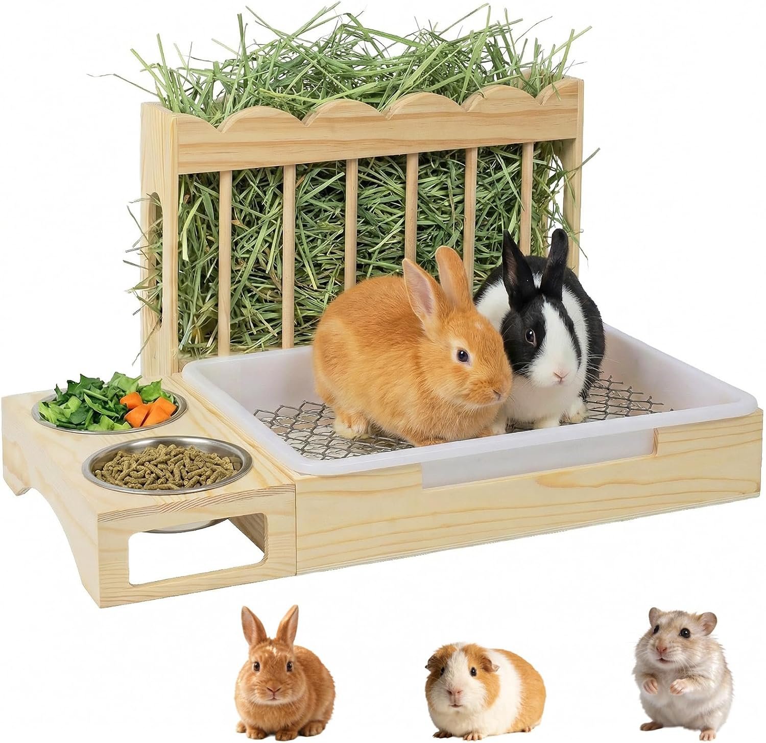 3-in-1 Wooden Rabbit Hay Feeder with Litter Box for Rabbits & Small Pets | Sturdy Wooden Hay Feeder Set for Guinea Pigs, Chinchillas, Hamsters, Ferret and Other Small Animal