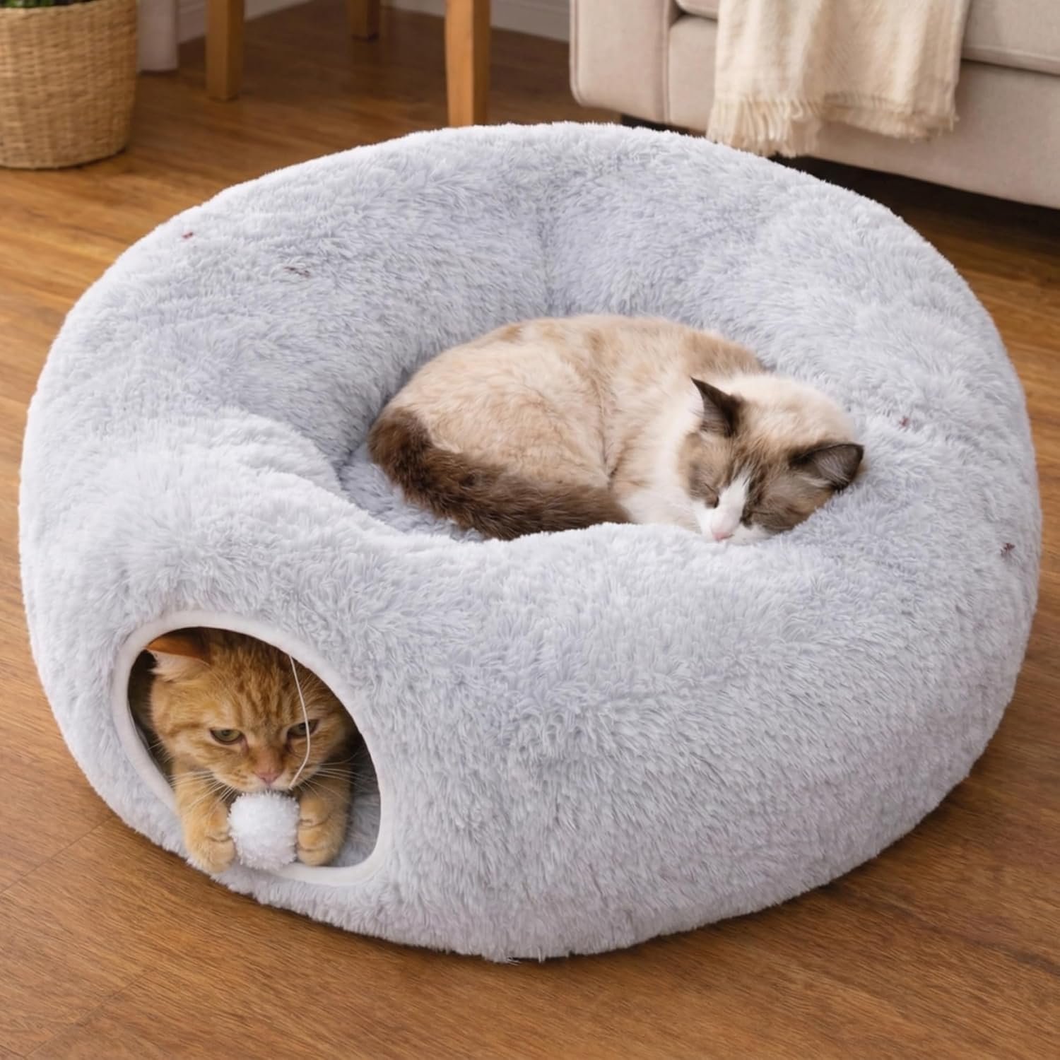 MEOWFIA Indoor Cat Tunnel with Donut Bed – Large Flexible Play Space for Multiple Pets – Circle or Snake Shape, Cozy Lounge (Gray)
