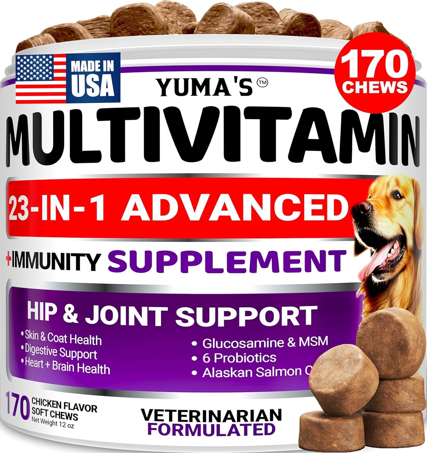 Dog Vitamins and Supplements – 170 Treats – Dog Multivitamin Chewable with Glucosamine – Senior & Puppy Multivitamin for Dogs – Hip & Joint Support – Immune Health, Skin, Heart, Digestion, Probiotics