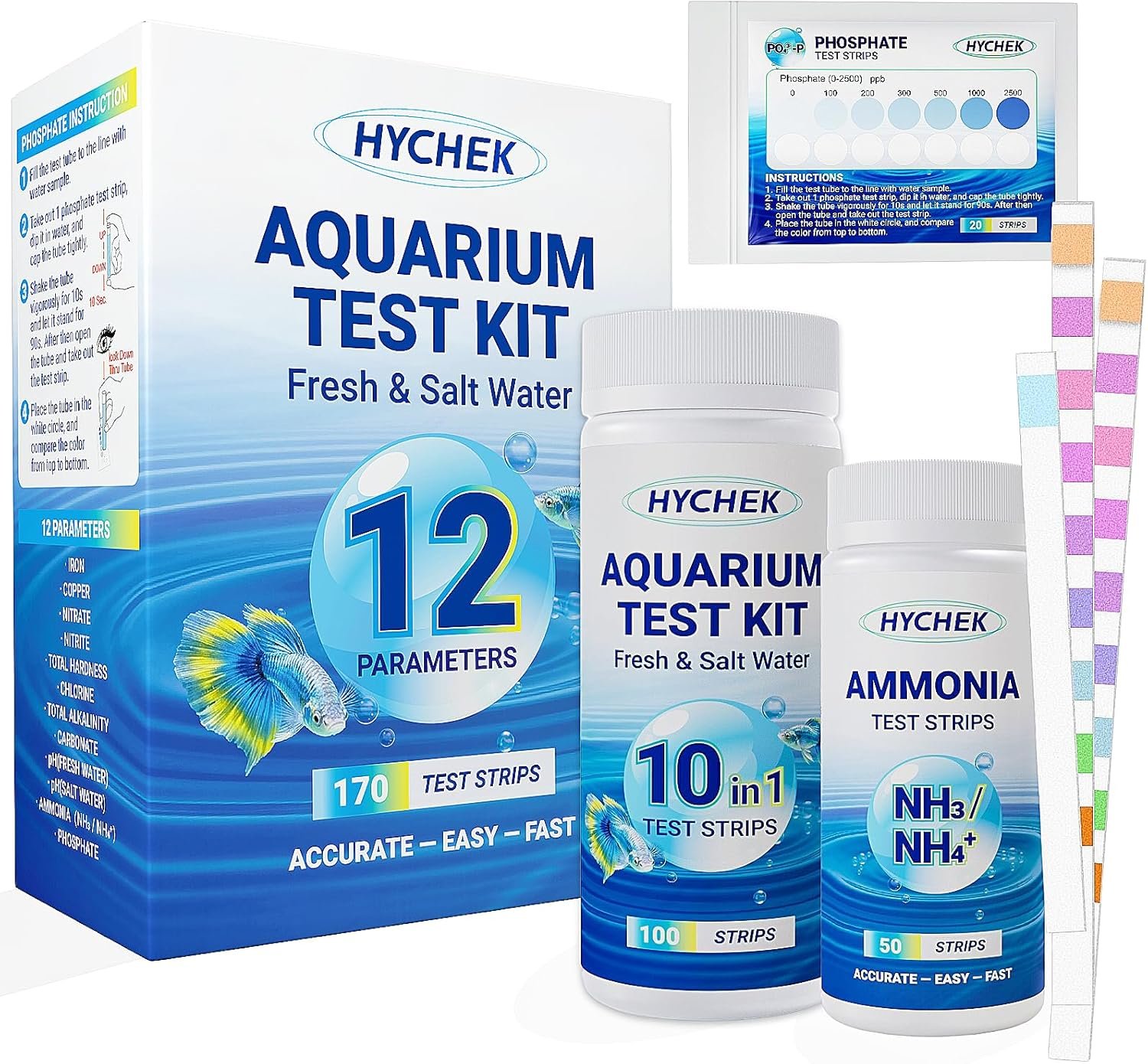 12 in 1 Accurate Aquarium Test Strips – 170 Strips | Fish Tank Aquariums Water Test Kit | Fresh & Salt Water Testing Kit | Includes Ammonia, Phosphate Strips and More.