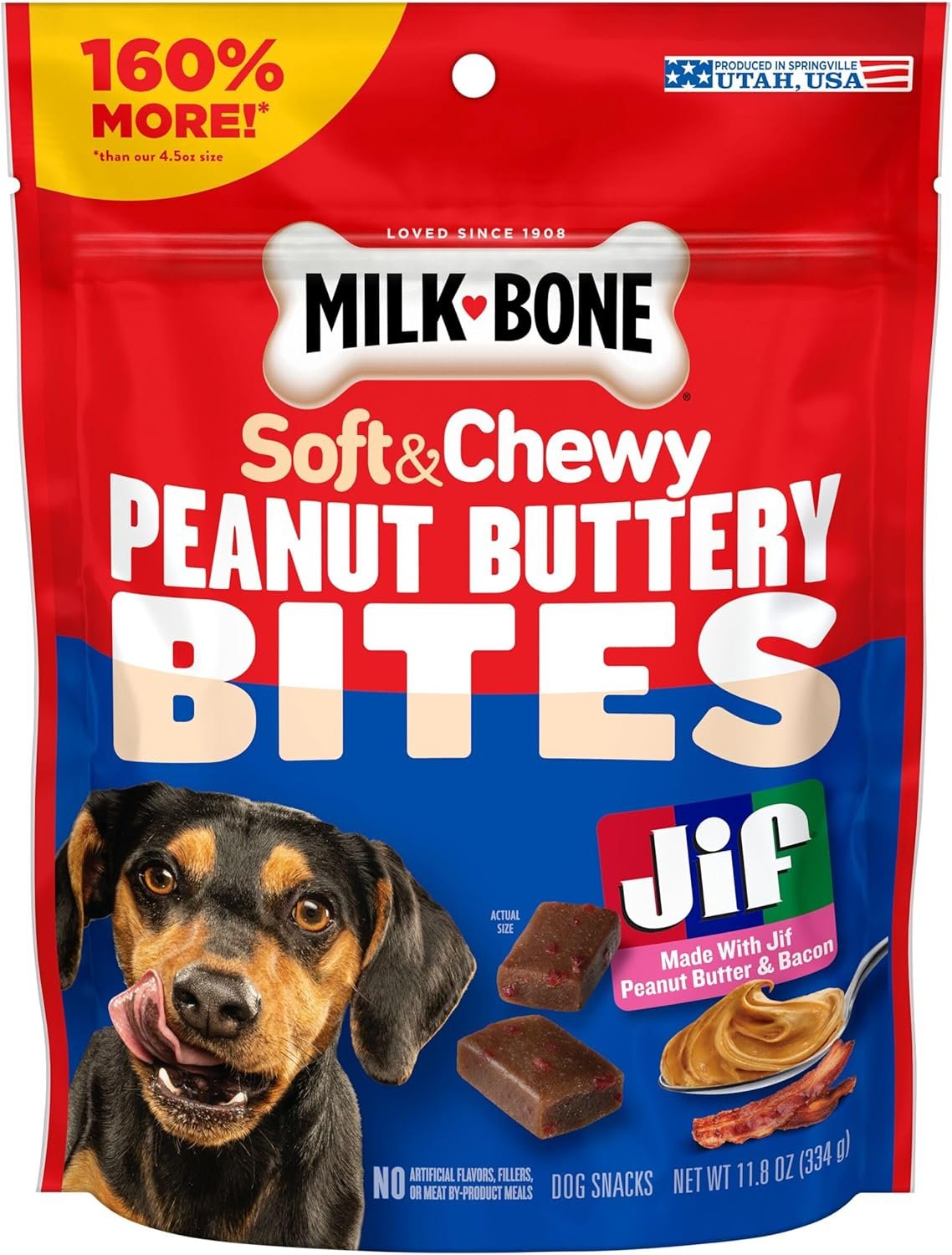 Milk-Bone Peanut Buttery Bites Soft Dog Treats with Jif Peanut Butter, 11.8-Oz. Bag