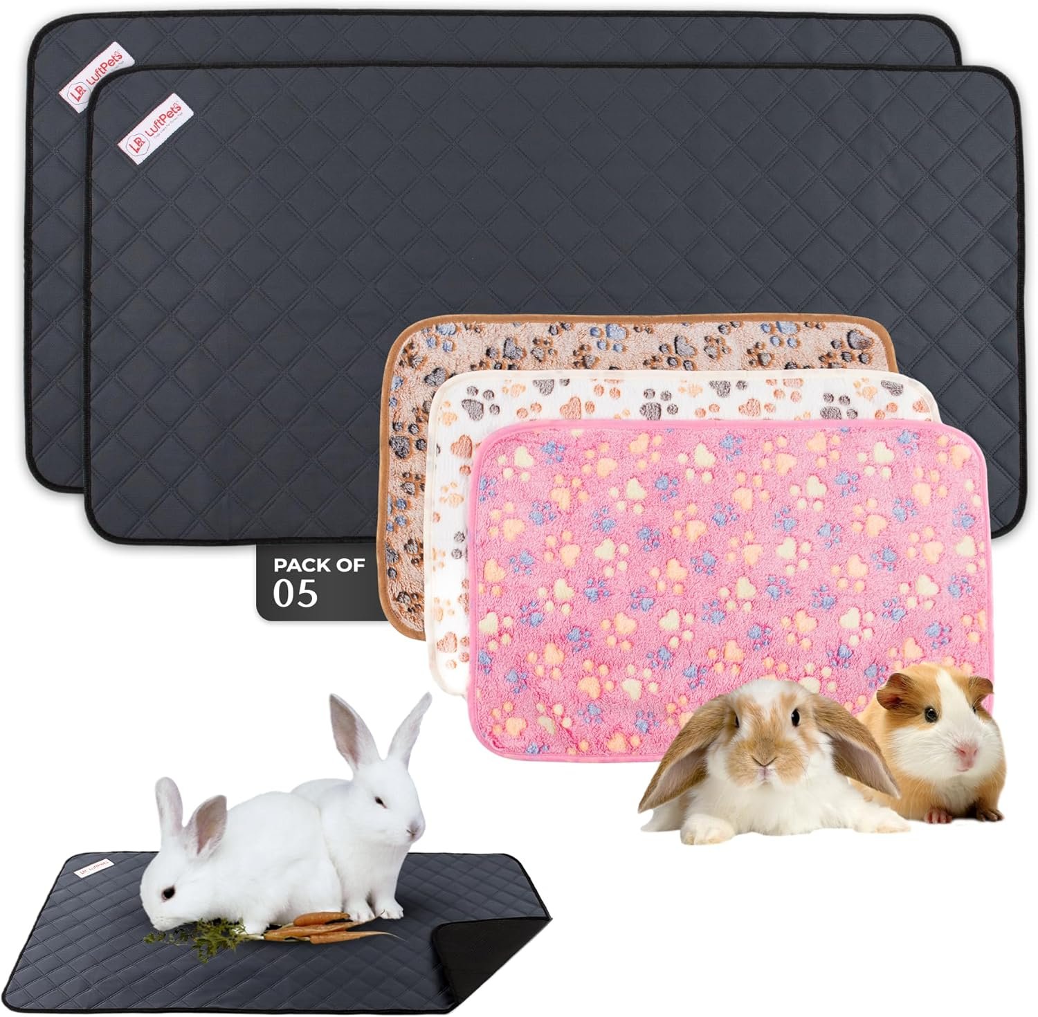 LUFTPETS Reusable Guinea Pig Cage Liners 5 Pcs – 2 Washable Midwest Pee Pads 47″x24″ & 3 Soft Bunny Fleece Blankets 24″x16″, Waterproof Rabbit Bedding with Odor Control, Absorbent Small Pet Mats