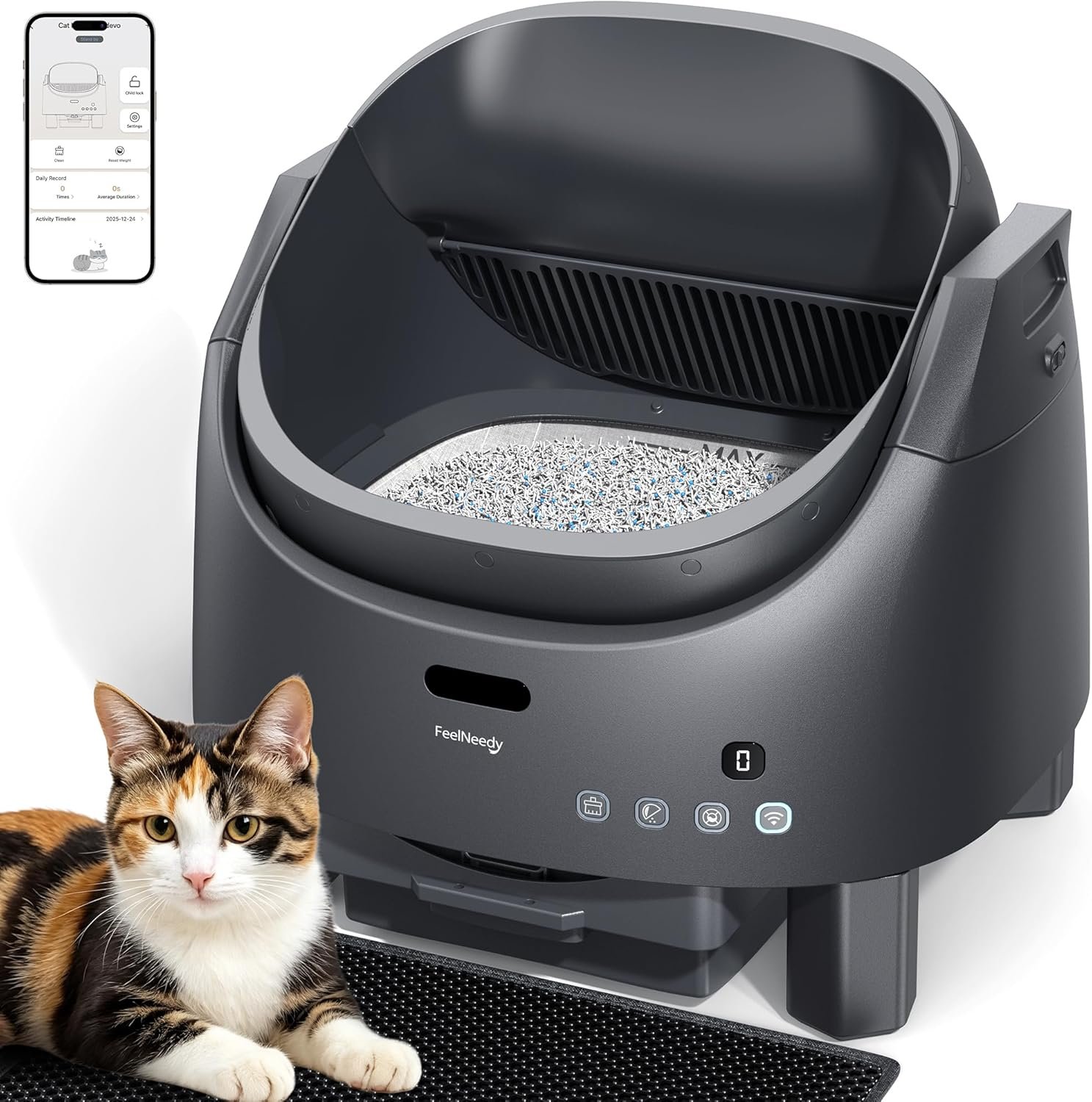 Automatic Litter Box Self Cleaning, FeelNeedy Open-Top Smart Cat Litter Box with App Control, Odor-Free Safety Sensor Design for 1-3 Cats, Includes Waste Bags