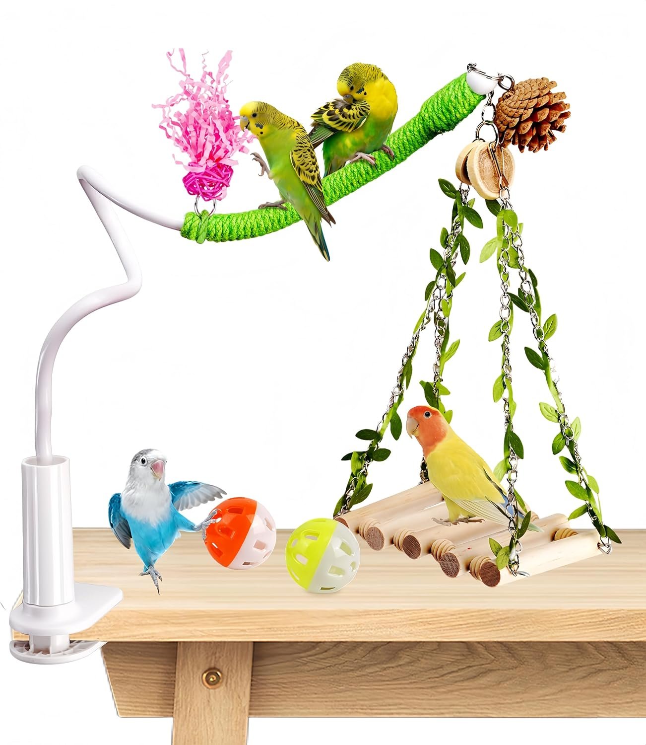 Bird Perch Stand with Swing, Desktop Bird Toy & Stand for Interacting, Interactive Playground for Sun Conure, Lovebirds, Conure, Budgie, Cockatiel – Non-Slip Adjustable Perch