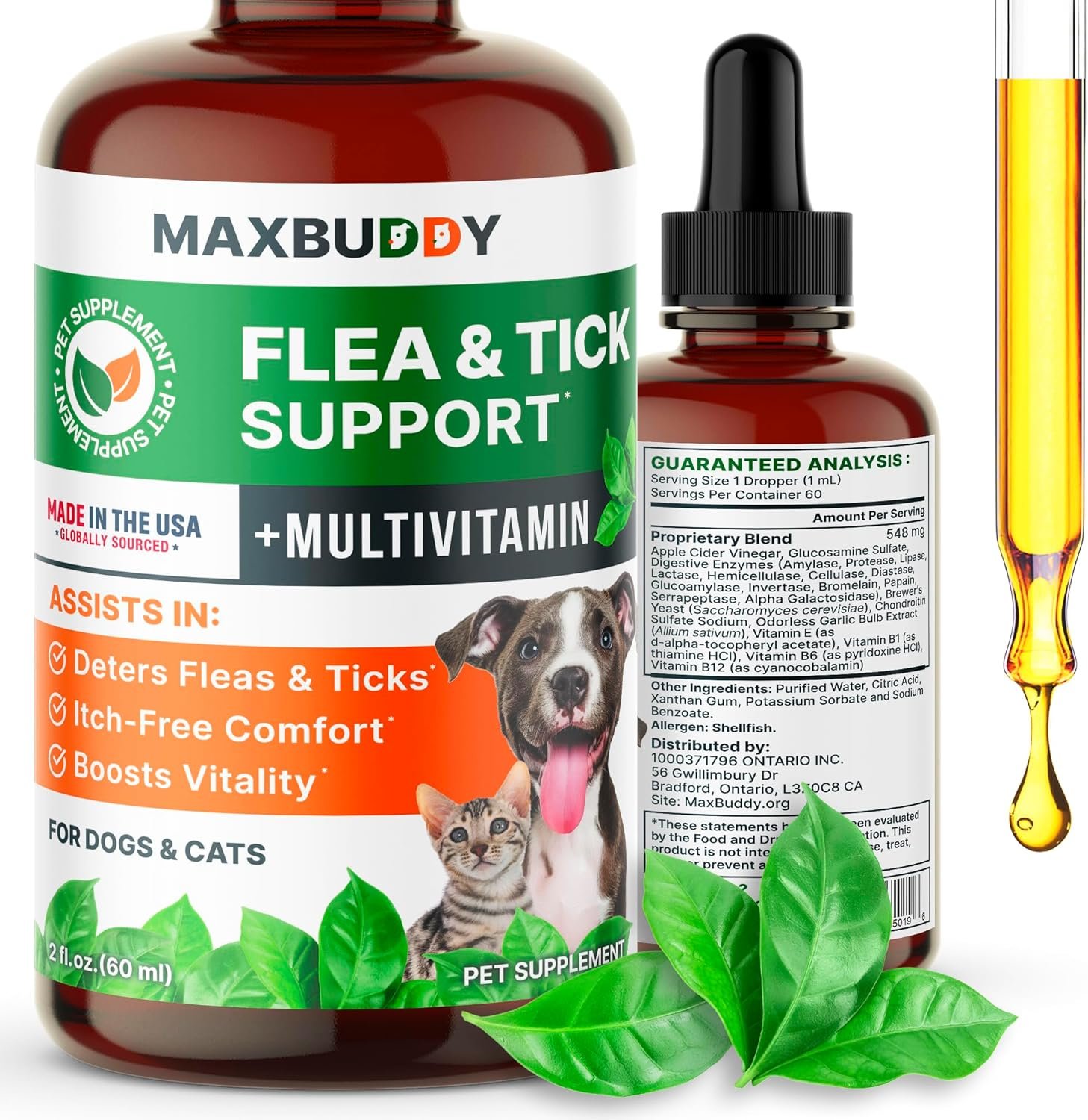Flea and Tick Oral Prevention Support & Treatment for Dogs and Cats – Natural Flea Control with Multivitamin – Supplement Drops for Small and Large Dogs