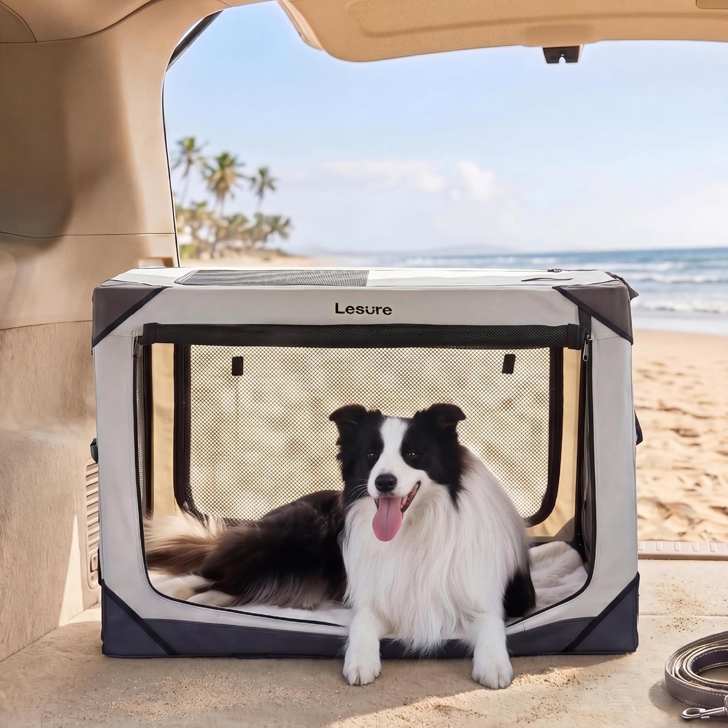 Lesure Collapsible Dog Crate – Portable Travel Kennel for Large Dog, 4-Door Pet Crate with Mesh Windows, Indoor & Outdoor, Light Gray