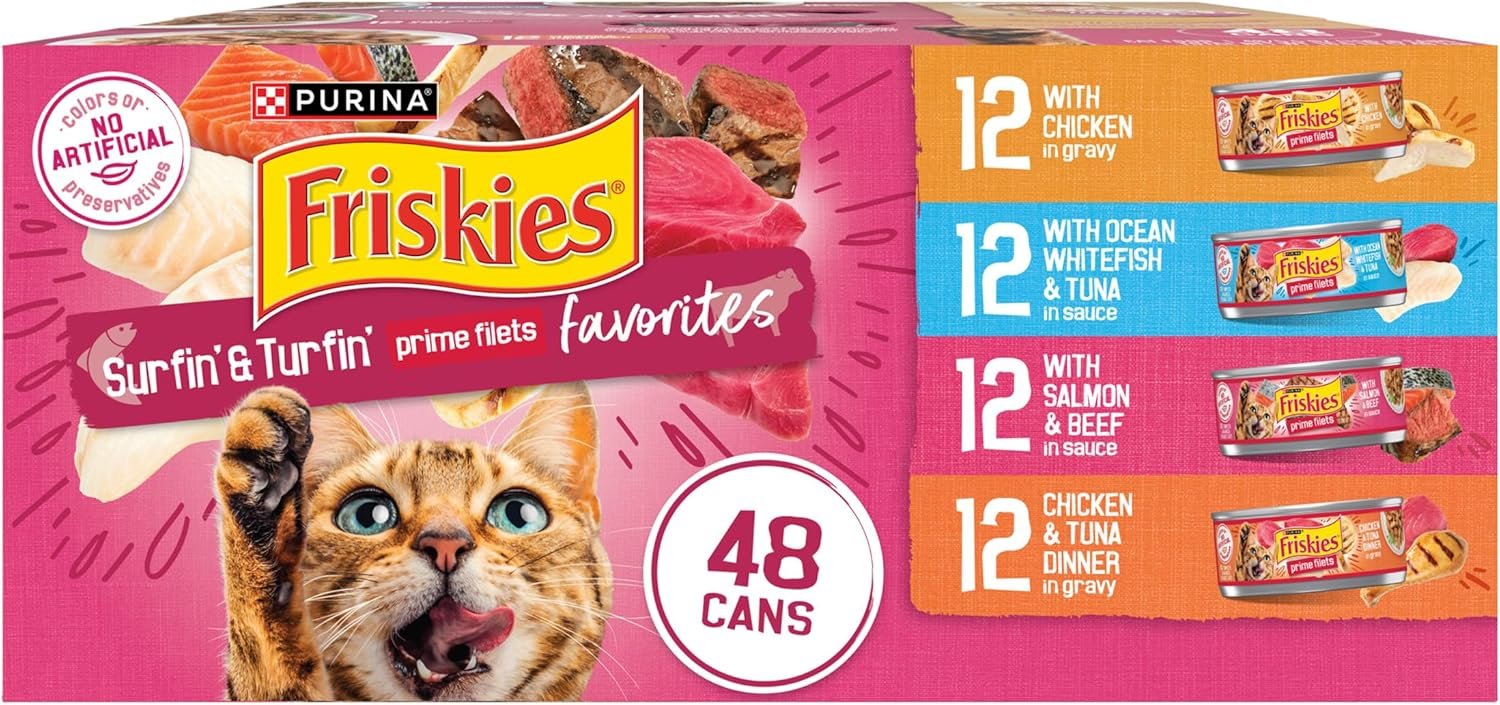 Purina Friskies Gravy Wet Cat Food Variety Pack, Surfin’ and Turfin’ Prime Filets Favorites – 48 ct. Can