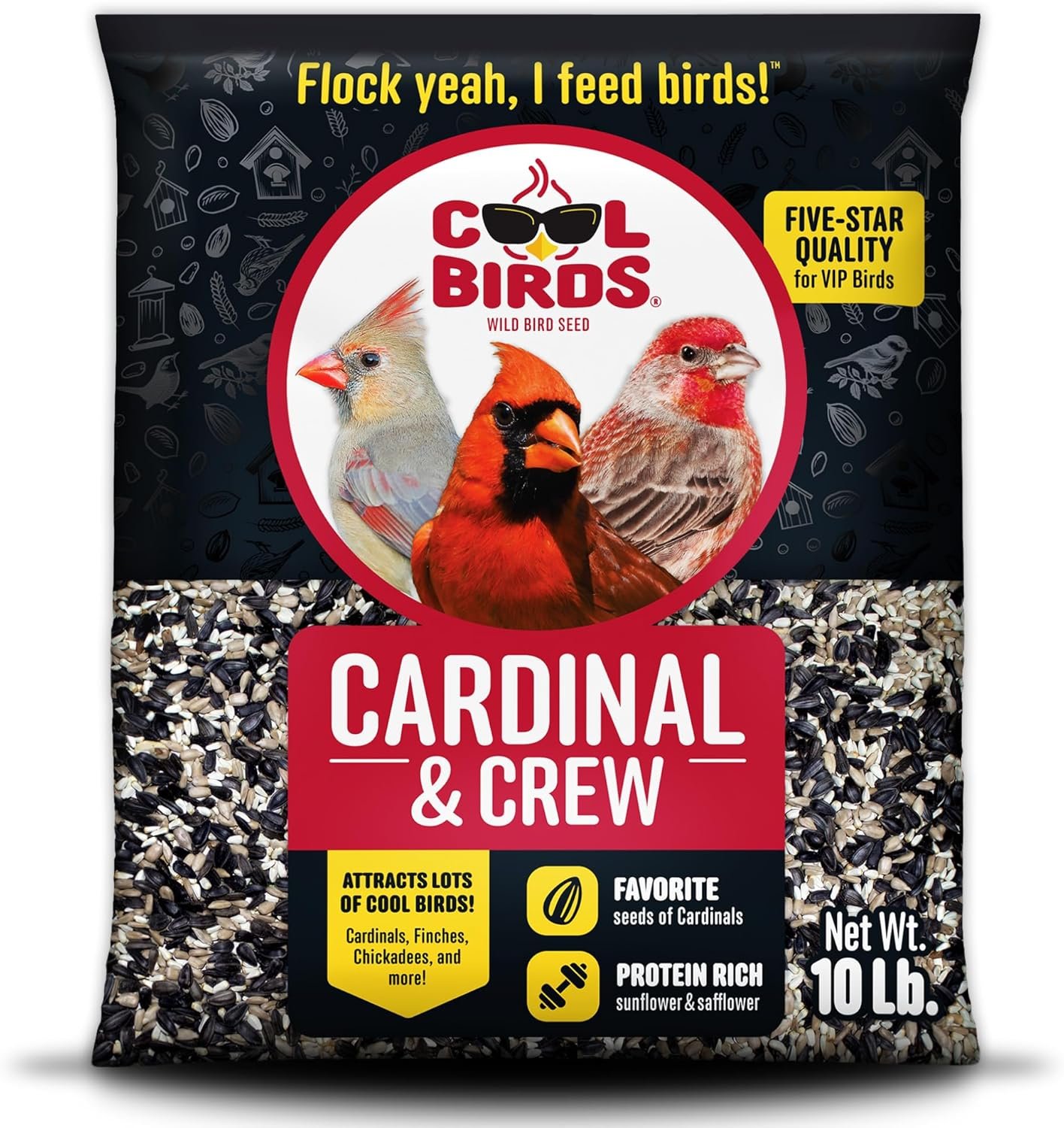 Cool Birds Cardinal & Crew Wild Bird Seed – 10 lb. Black Oil Sunflower, Sunflower Hearts & Safflower Blend for Cardinals, Grosbeaks & Chickadees – Bird Food for Outside Feeders