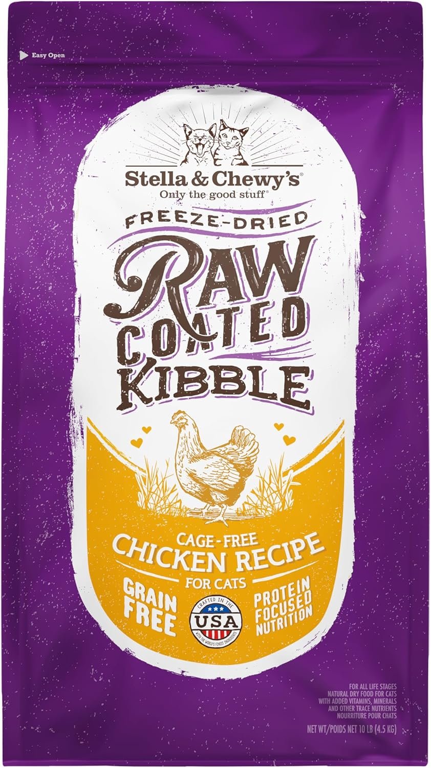 Stella & Chewy’s Raw Coated Cat Food – High Protein, Grain-Free Kibble with Cage-Free Chicken – Premium Digestive Support with Probiotics – Natural Small Kibble – Perfect For Picky Eaters – 10 lb Bag