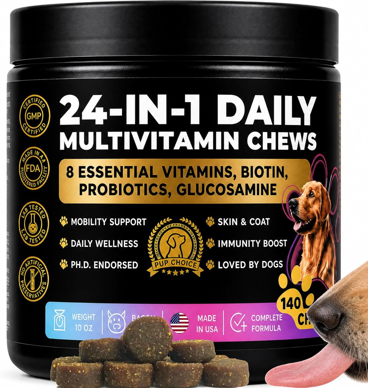 24-in-1 Dog Multivitamin Chews, Chicken-Free Bacon – Glucosamine, Probiotics, Salmon Oil, Cranberry, Biotin, Zinc & Vitamins for Daily Joints, Digestion, Skin and Coat Support